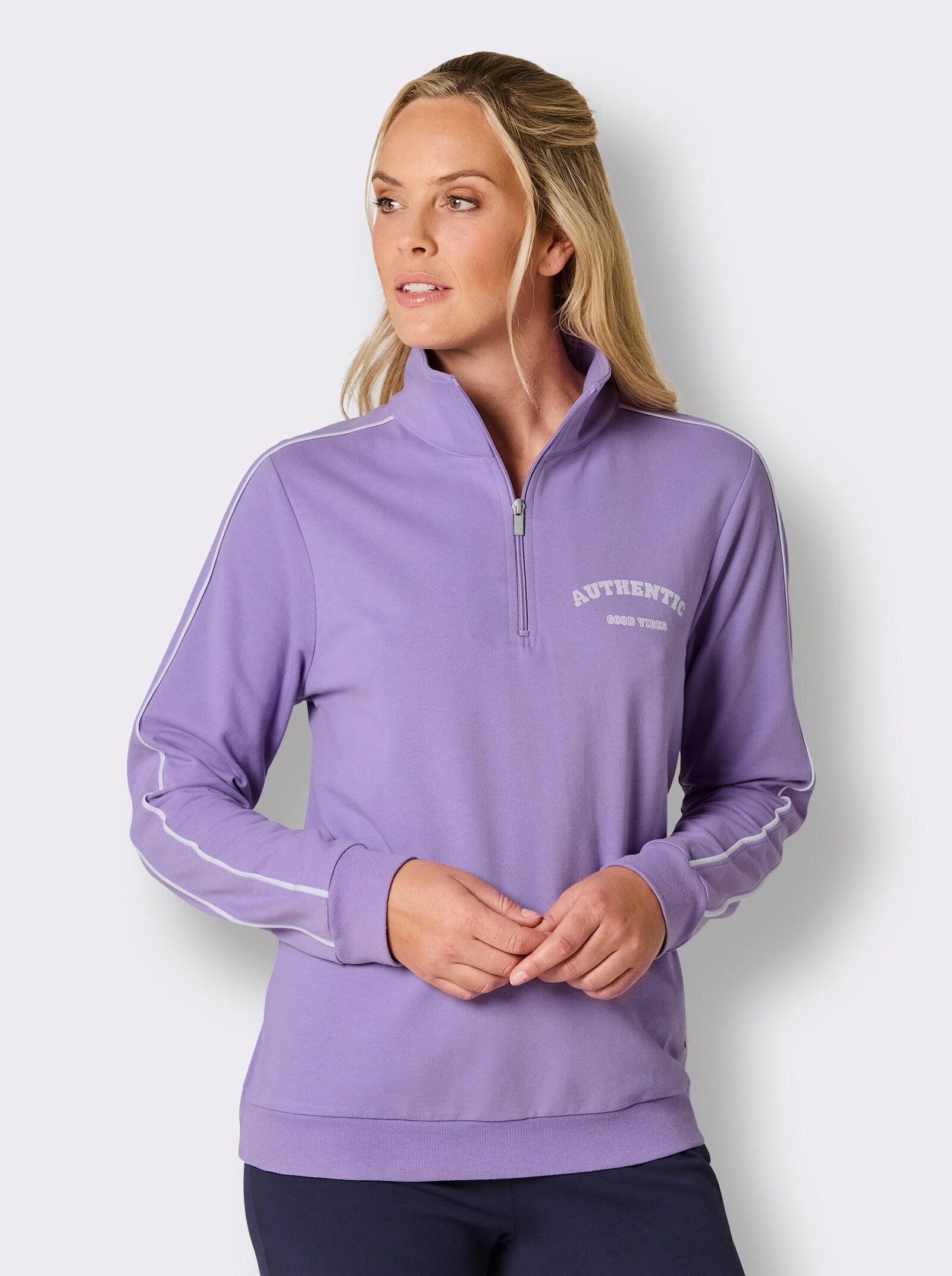 feel good Langarmshirt mit Zipper - lavendel-weiß