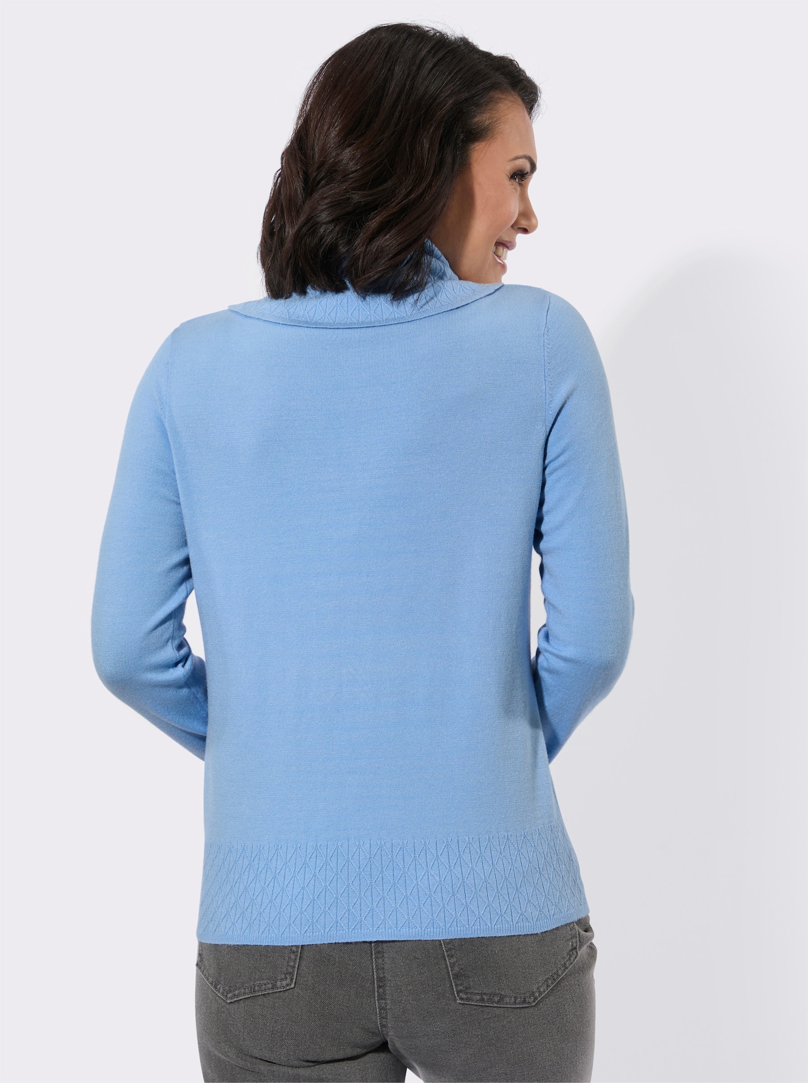 Rollkragenpullover mit Strickmuster rundum - himmelblau
