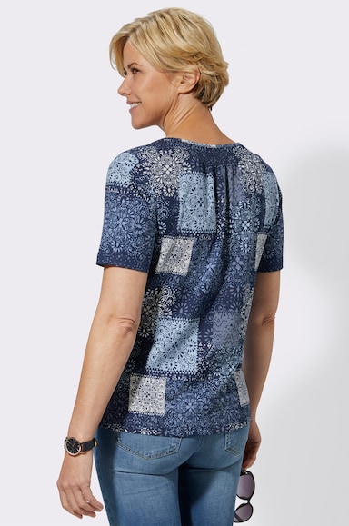 Rundhalsshirt mit Knopfleiste, kurz - marine-bedruckt