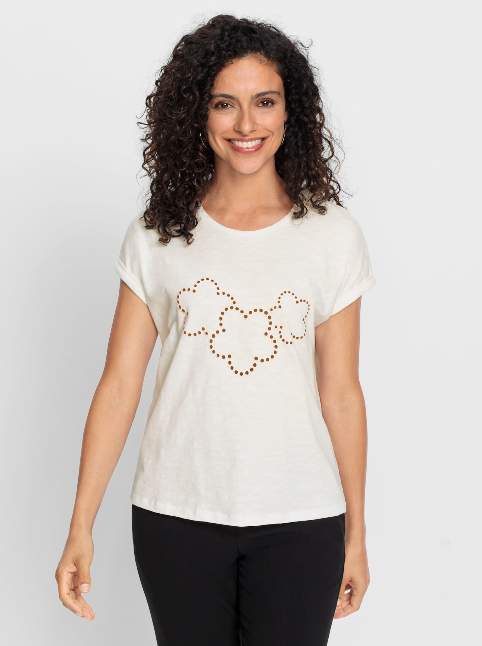 Rundhalsshirt mit Lochstickerei - ecru