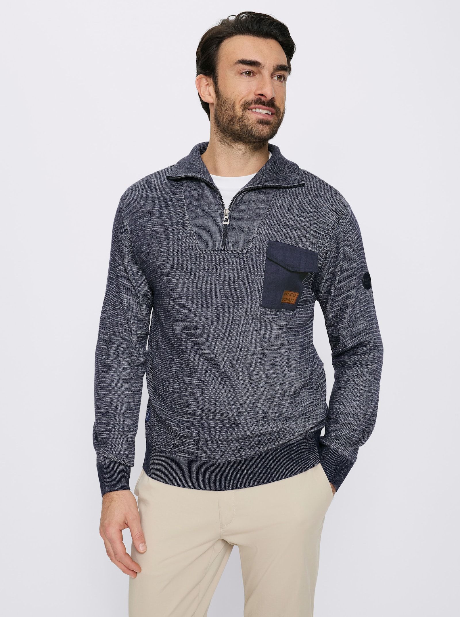 Marco Donati Langarm-Pullover mit Kontrast-Elementen - marine-ecru-meliert