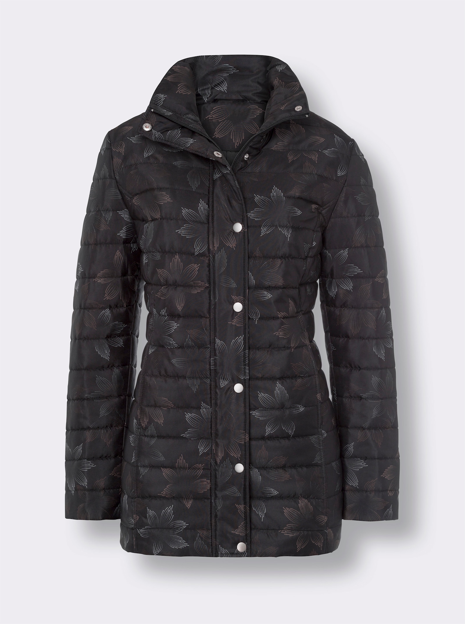 Steppjacke mit Blüten-Muster - schwarz-braun-bedruckt