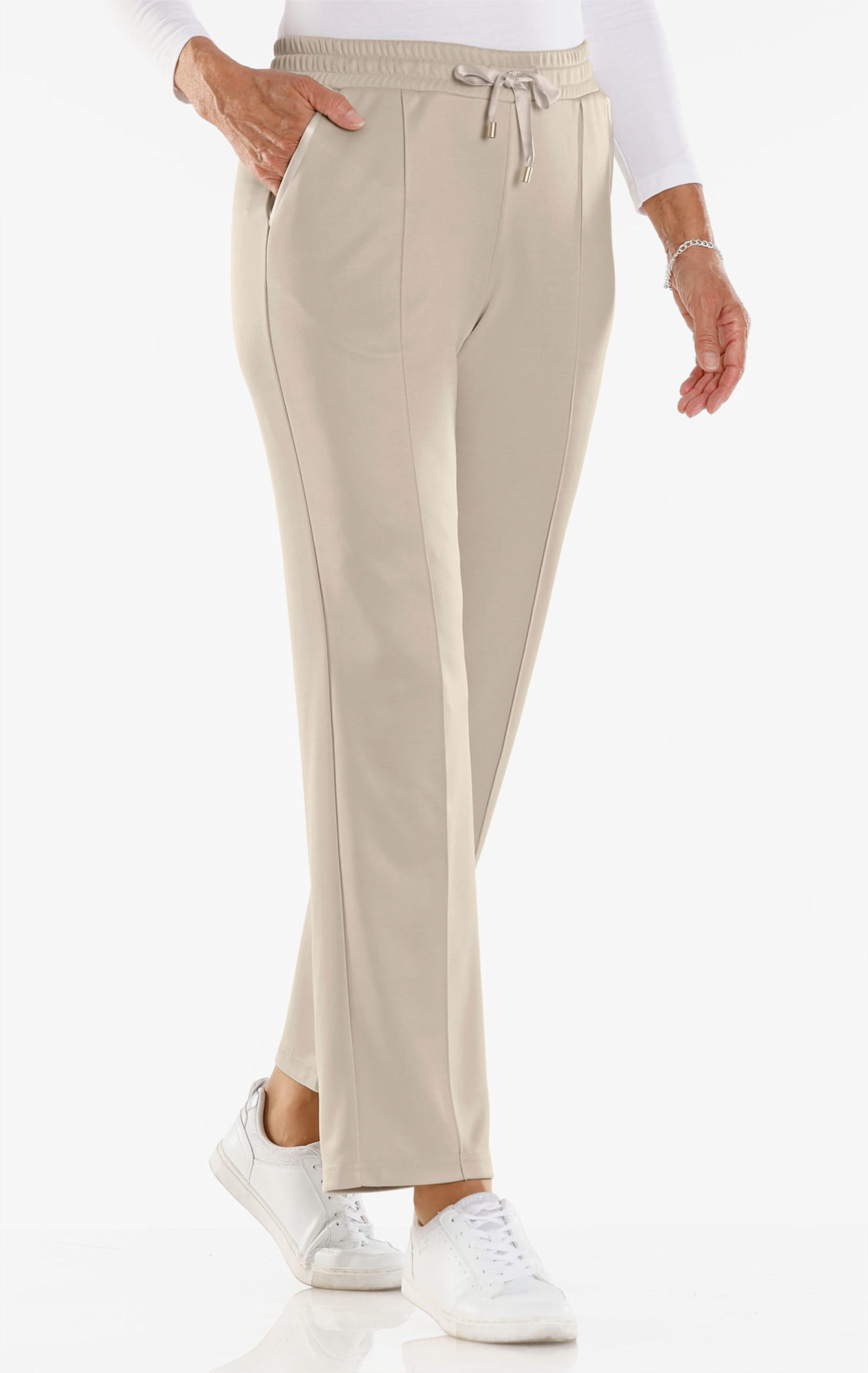 Jerseybroek met satijnen details - zand