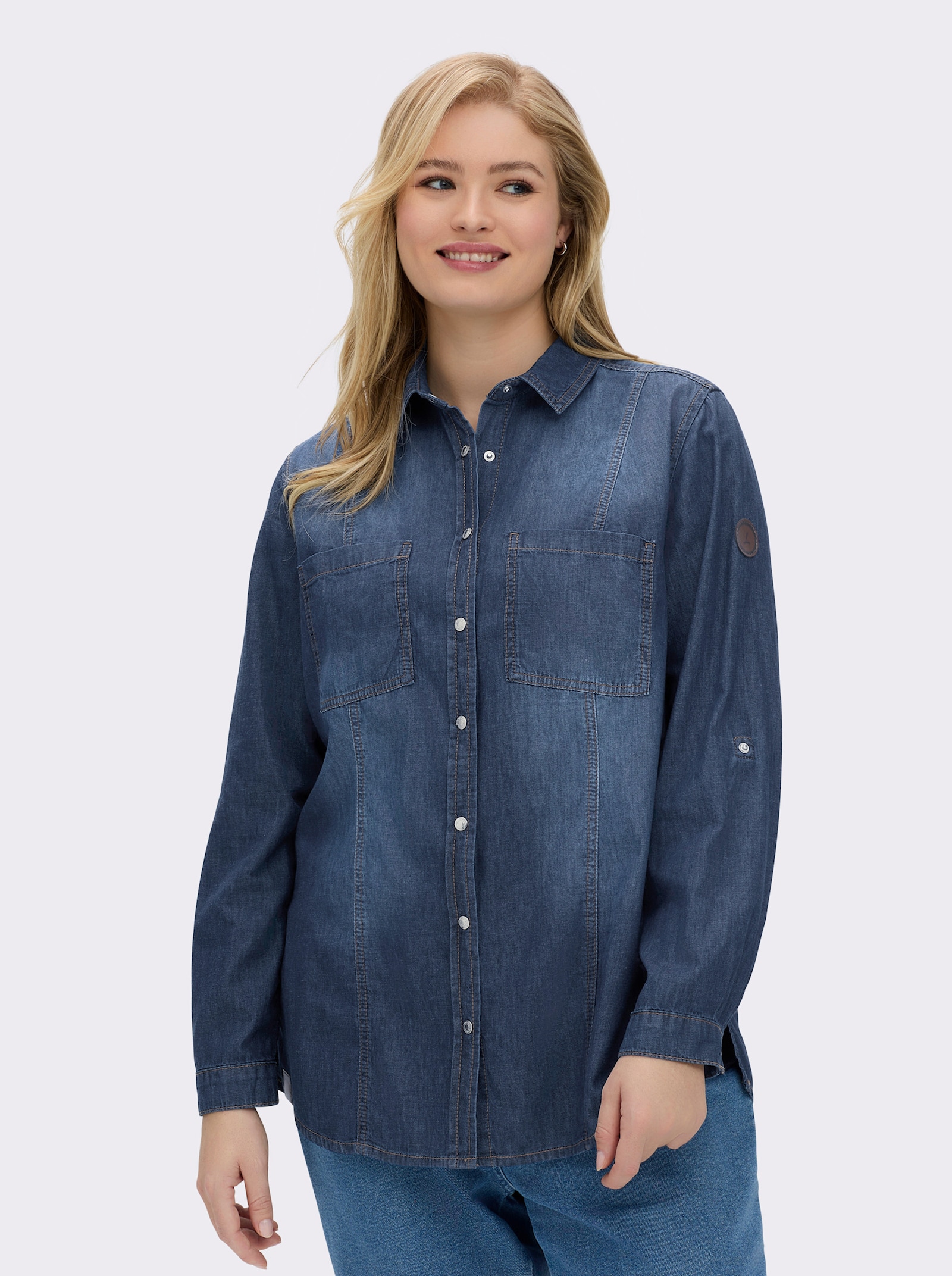 Jeansbluse mit abgerundetem Saum - blue-stone-washed