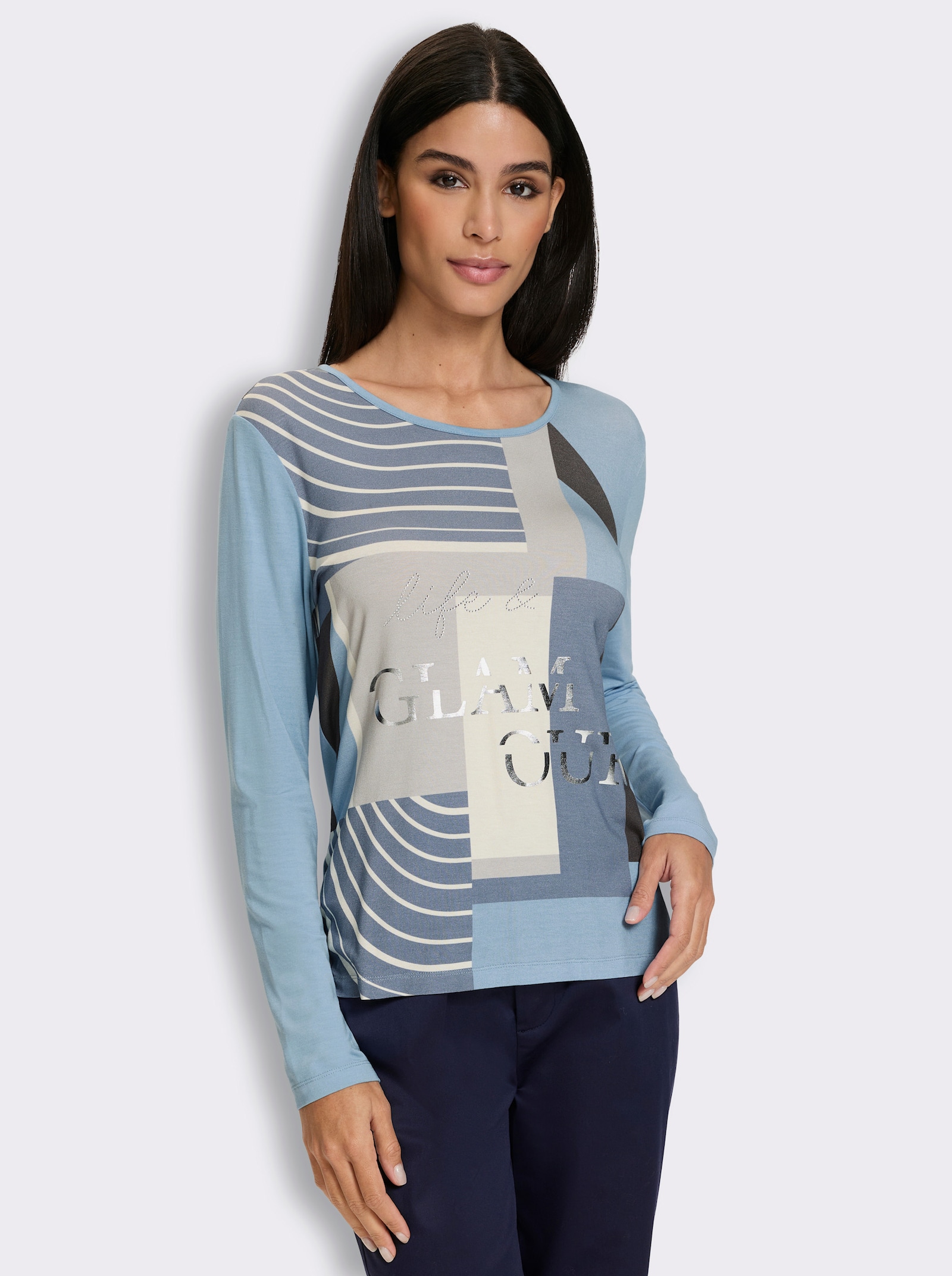 heine Langarmshirt mit Glitzersteinchen - eisblau-hellgrau-bedruckt