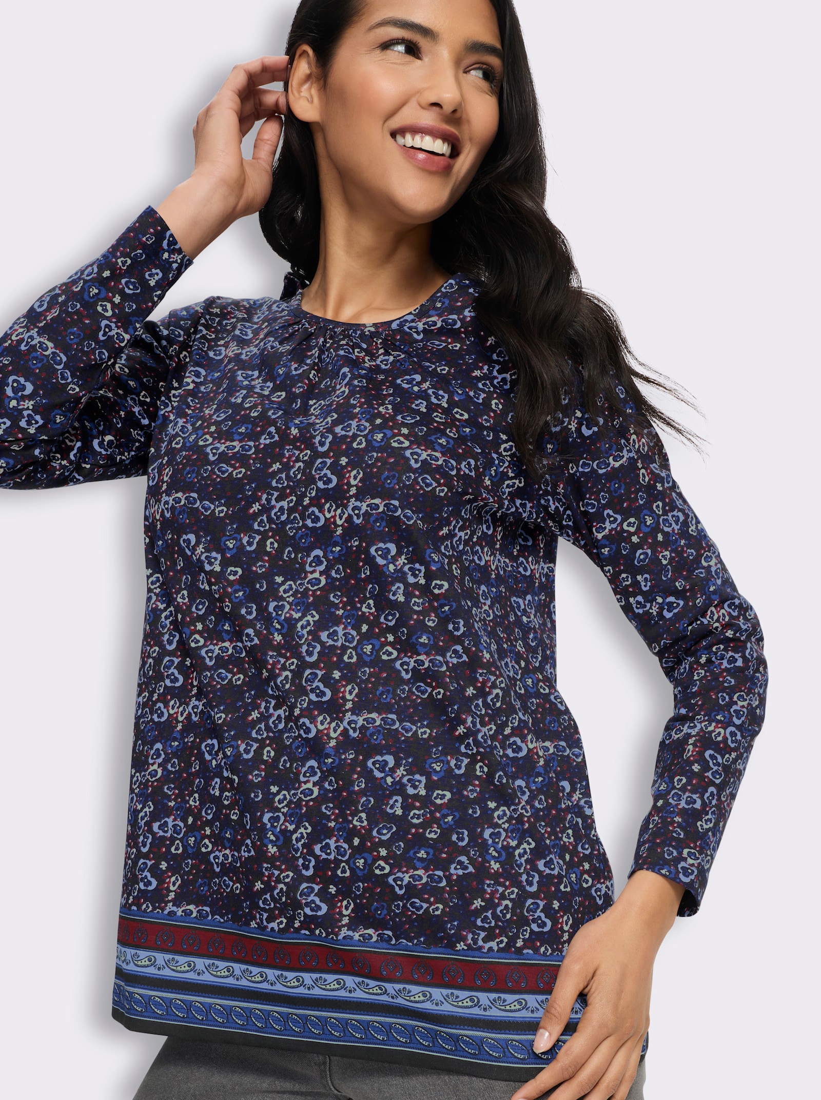 Longshirt mit Bordüren-Druck am Saum - schwarz-royalblau-bedruckt