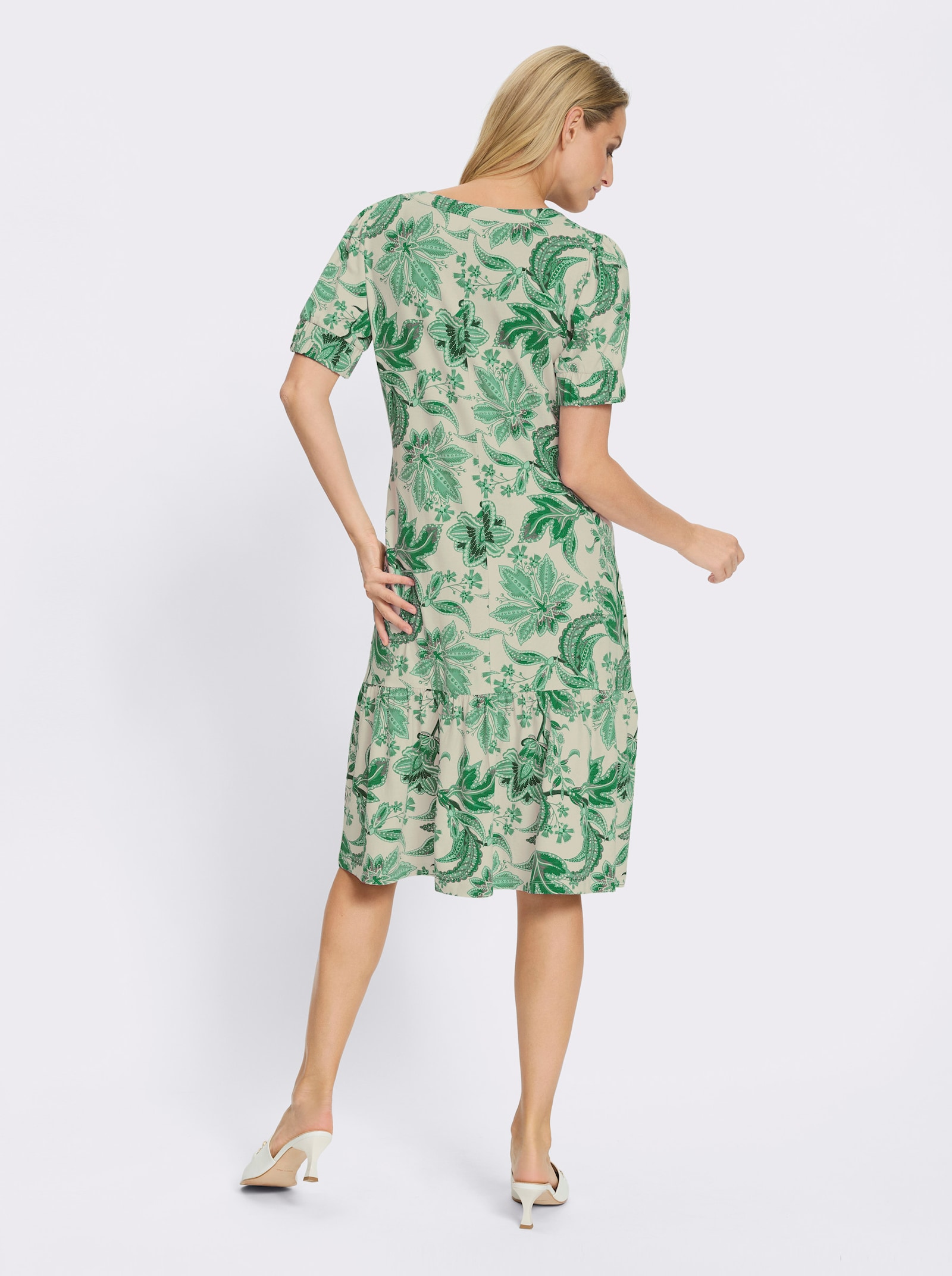 heine Druckkleid mit Puffärmeln - champagner-grasgrün-bedruckt