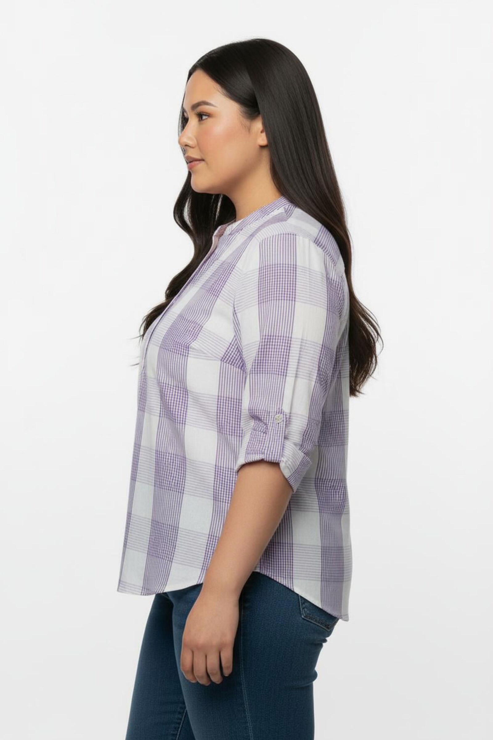 Baumwollbluse mit Stehkragen, kariert - lavendel-weiß-kariert