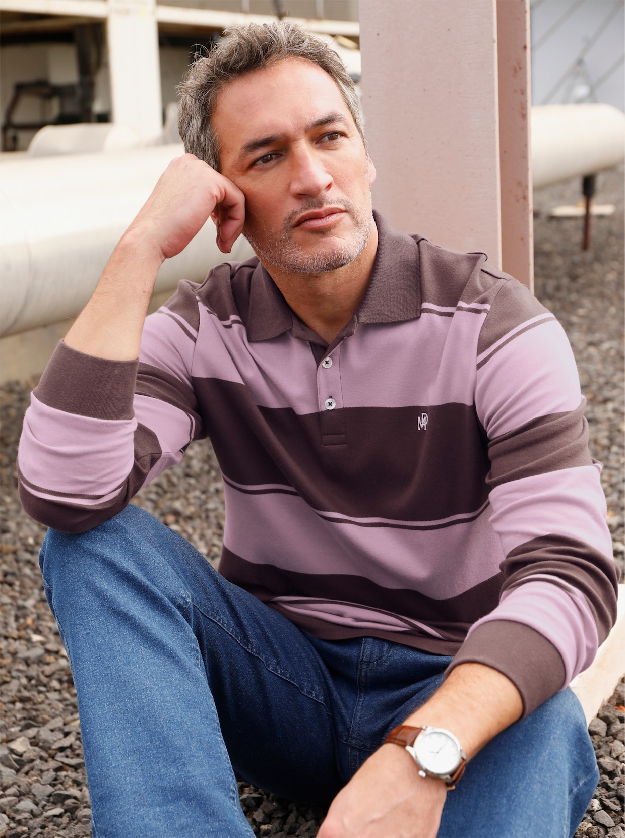 Marco Donati Poloshirt met lange mouwen - chocolade/mauve gestreept