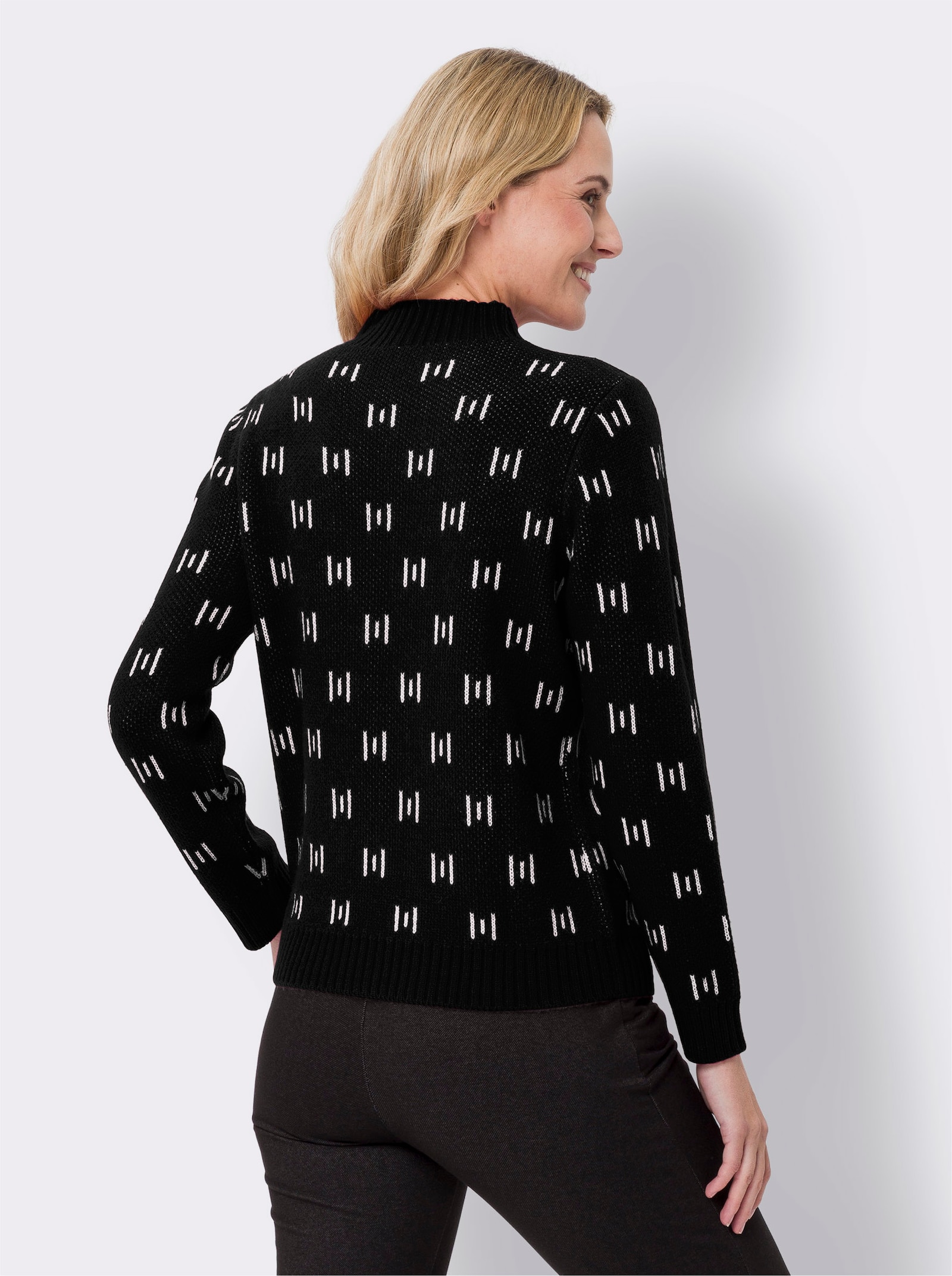 Stehkragenpullover mit Strickmuster - schwarz-ecru-gemustert