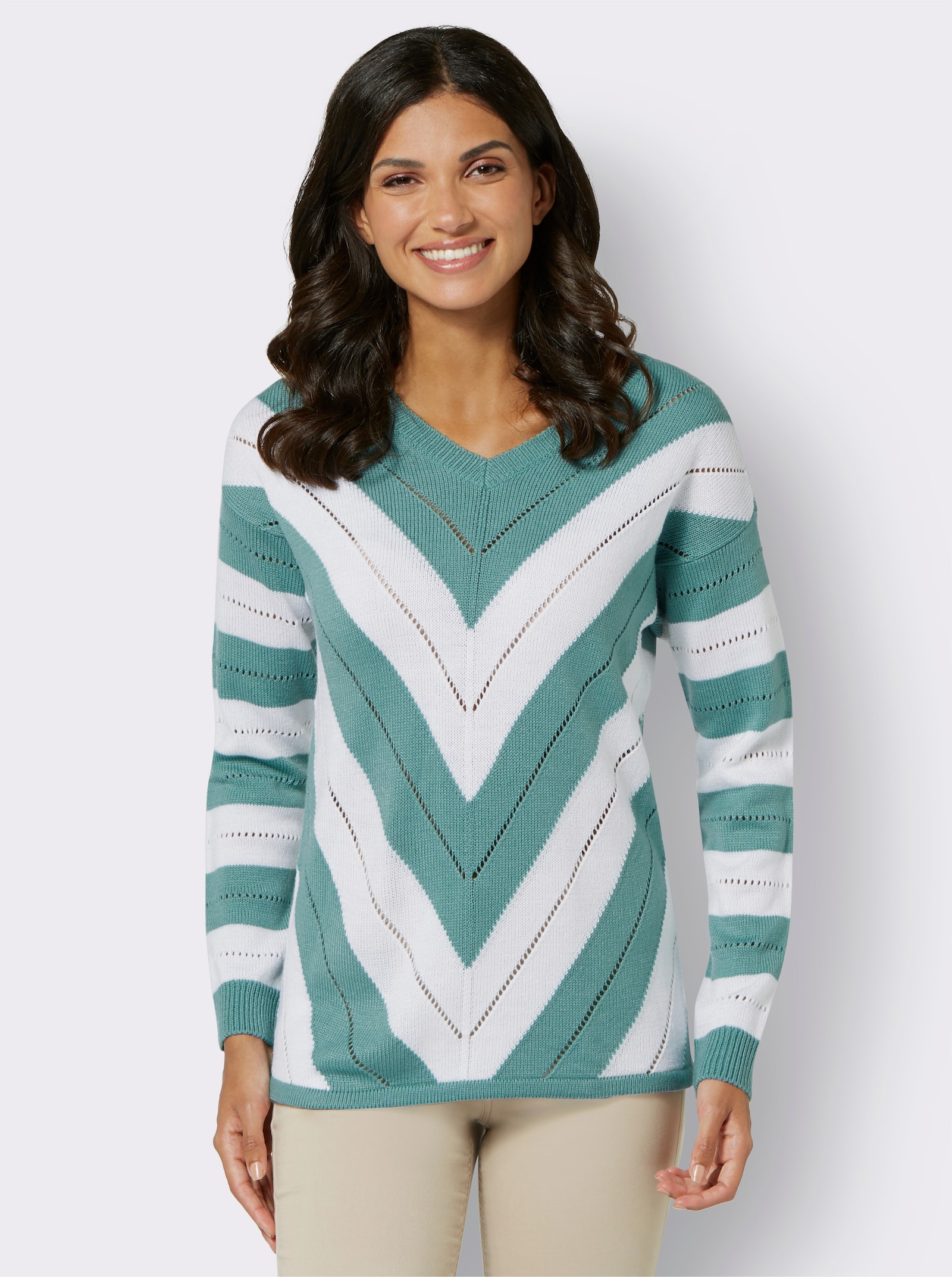 Pullover met V-hals en ajourpatroon - salie gedessineerd