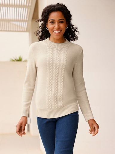 Stehkragenpullover mit Zopfmuster - elfenbein