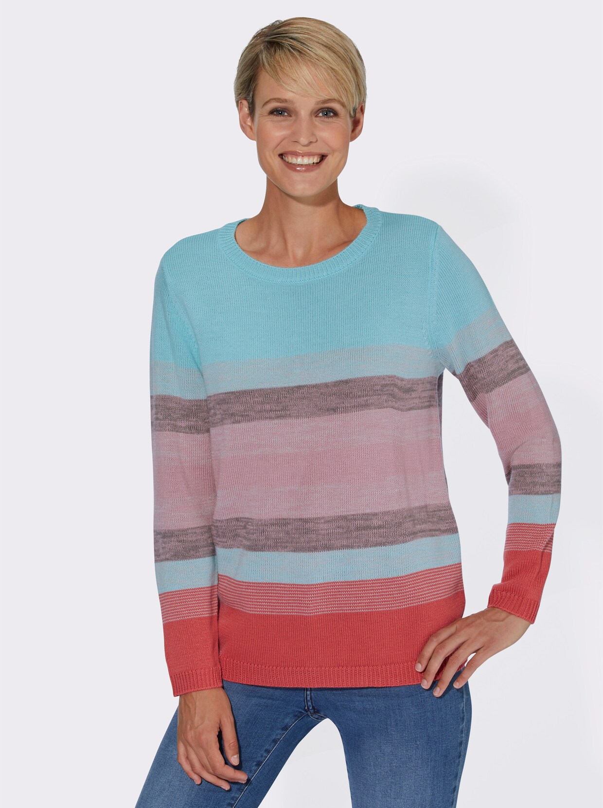 Pullover met ronde hals - aquamarijn/grapefruit gestreept