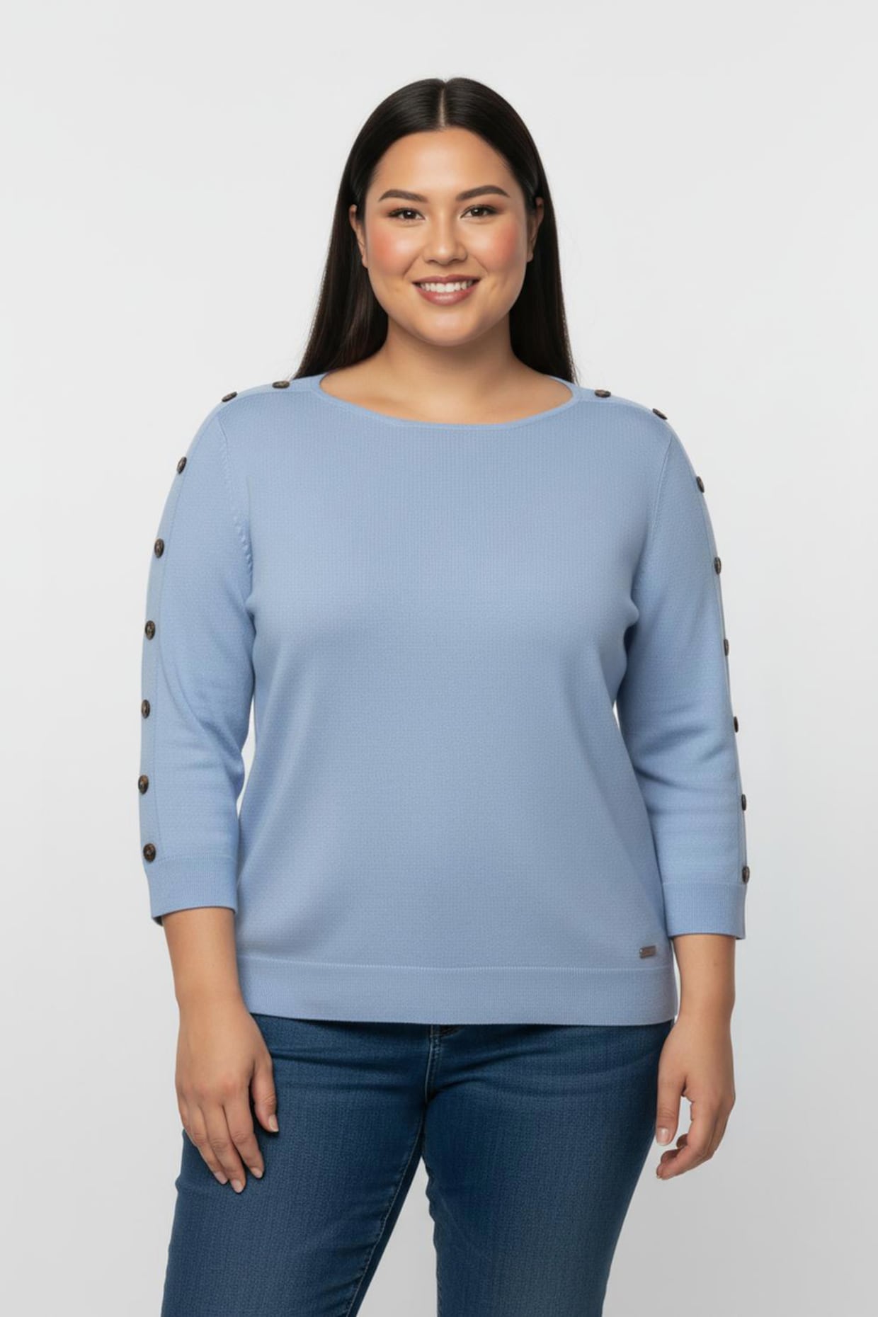 3/4 Arm-Pullover mit Zierknopf-Detail - bleu