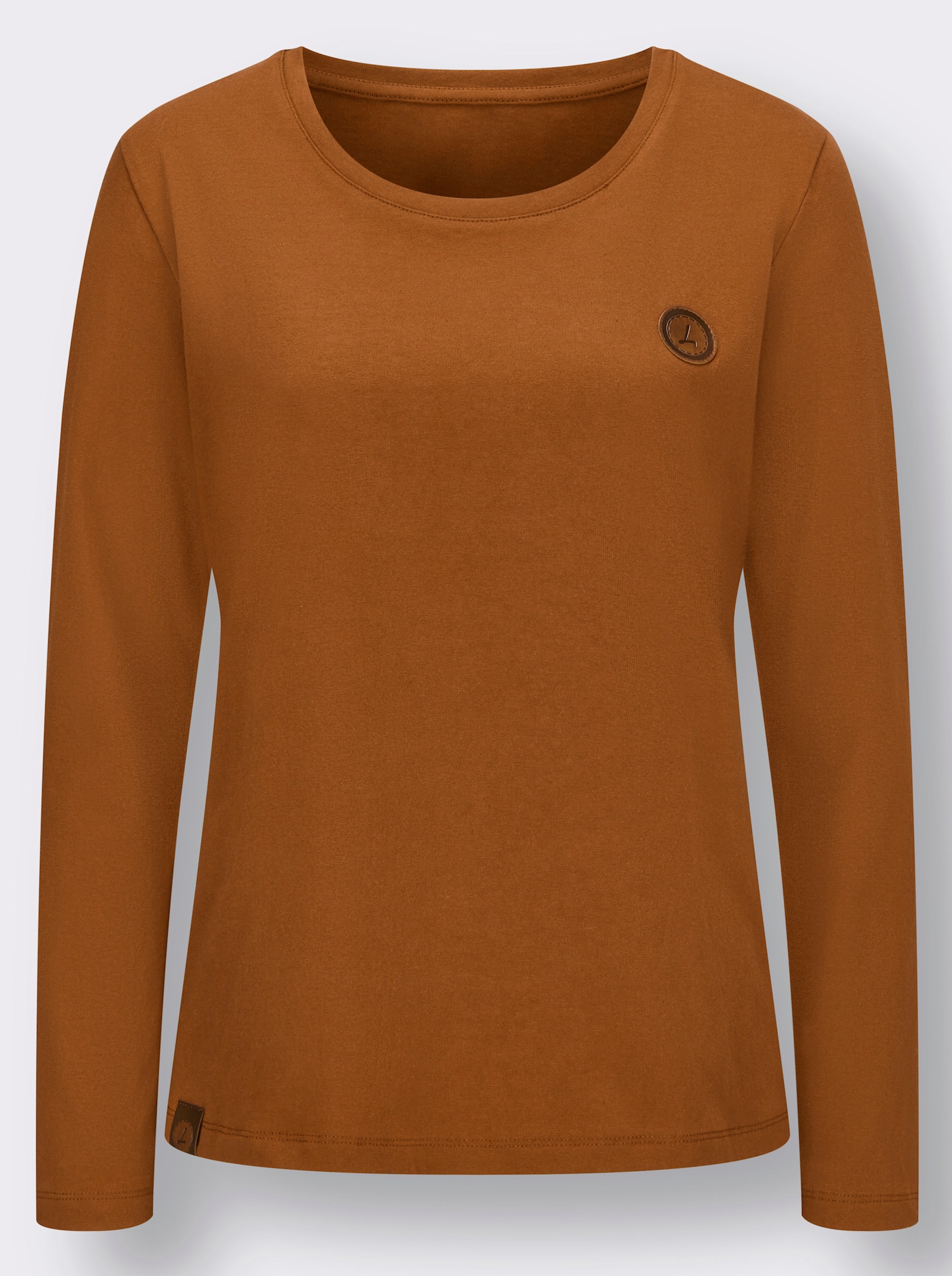 Langarmshirt mit Leder-Imitat-Patch - cognac