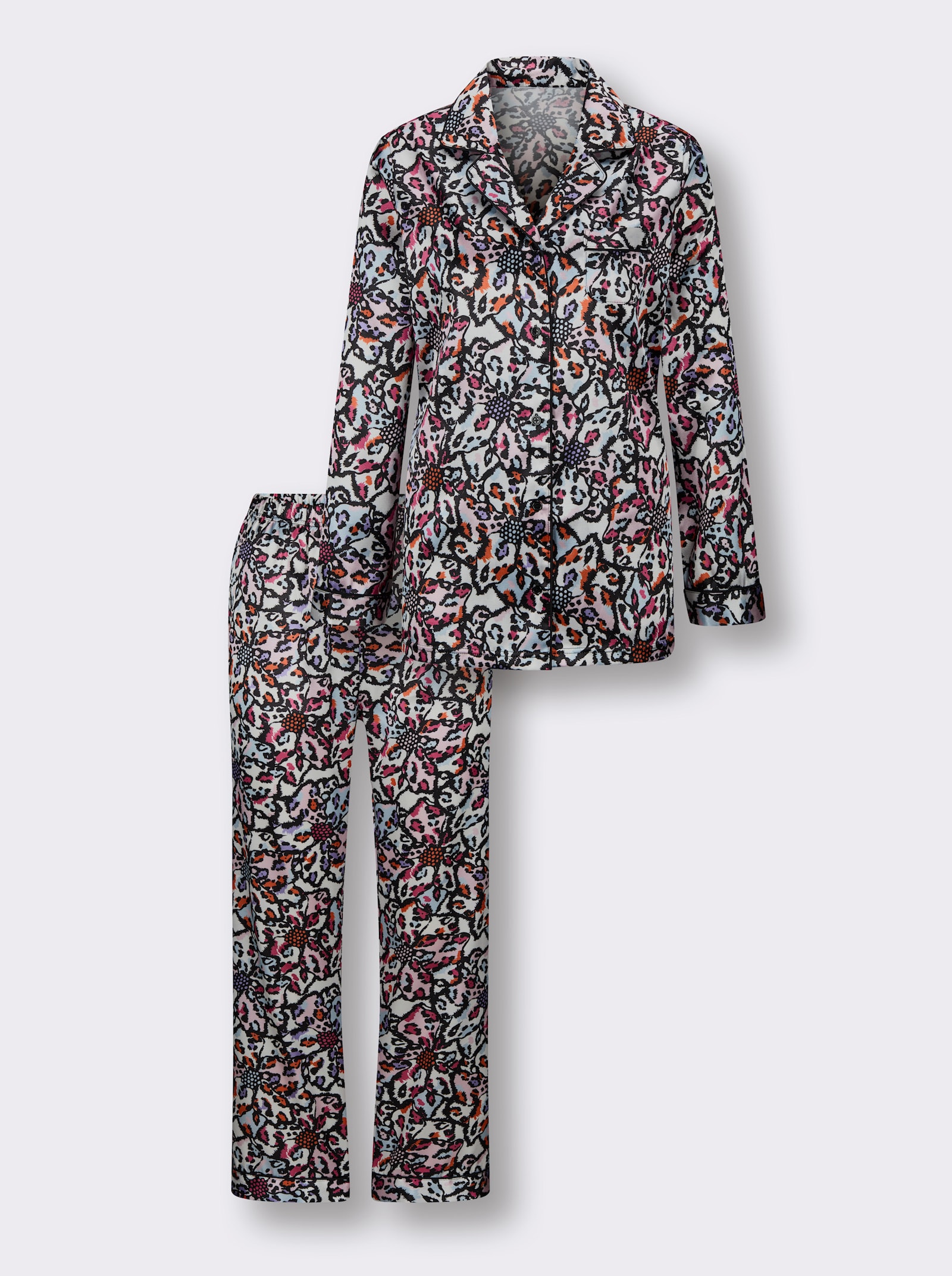 Pyjama in Satin-Qualität - schwarz-fuchsia-bedruckt