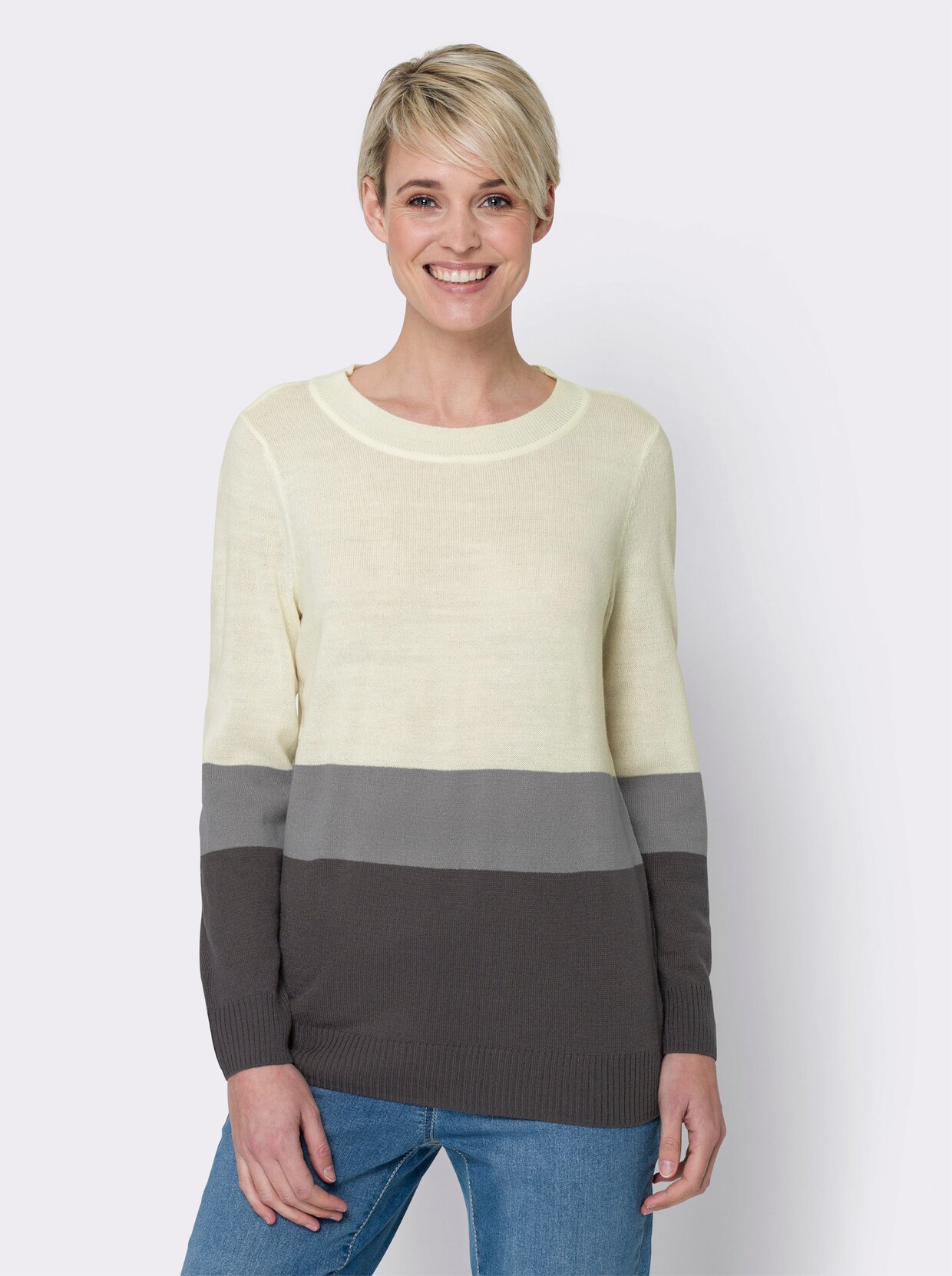 Pullover met ronde hals - champagne/antraciet gestreept + champagne