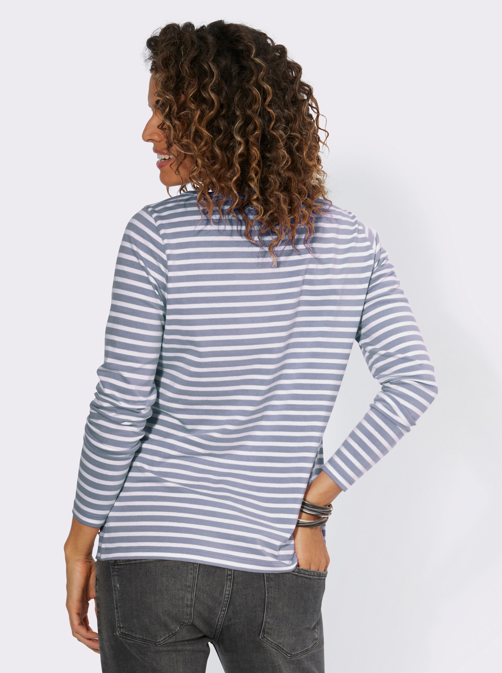 Ringelshirt mit U-Boot-Ausschnitt - taubenblau-ecru-geringelt