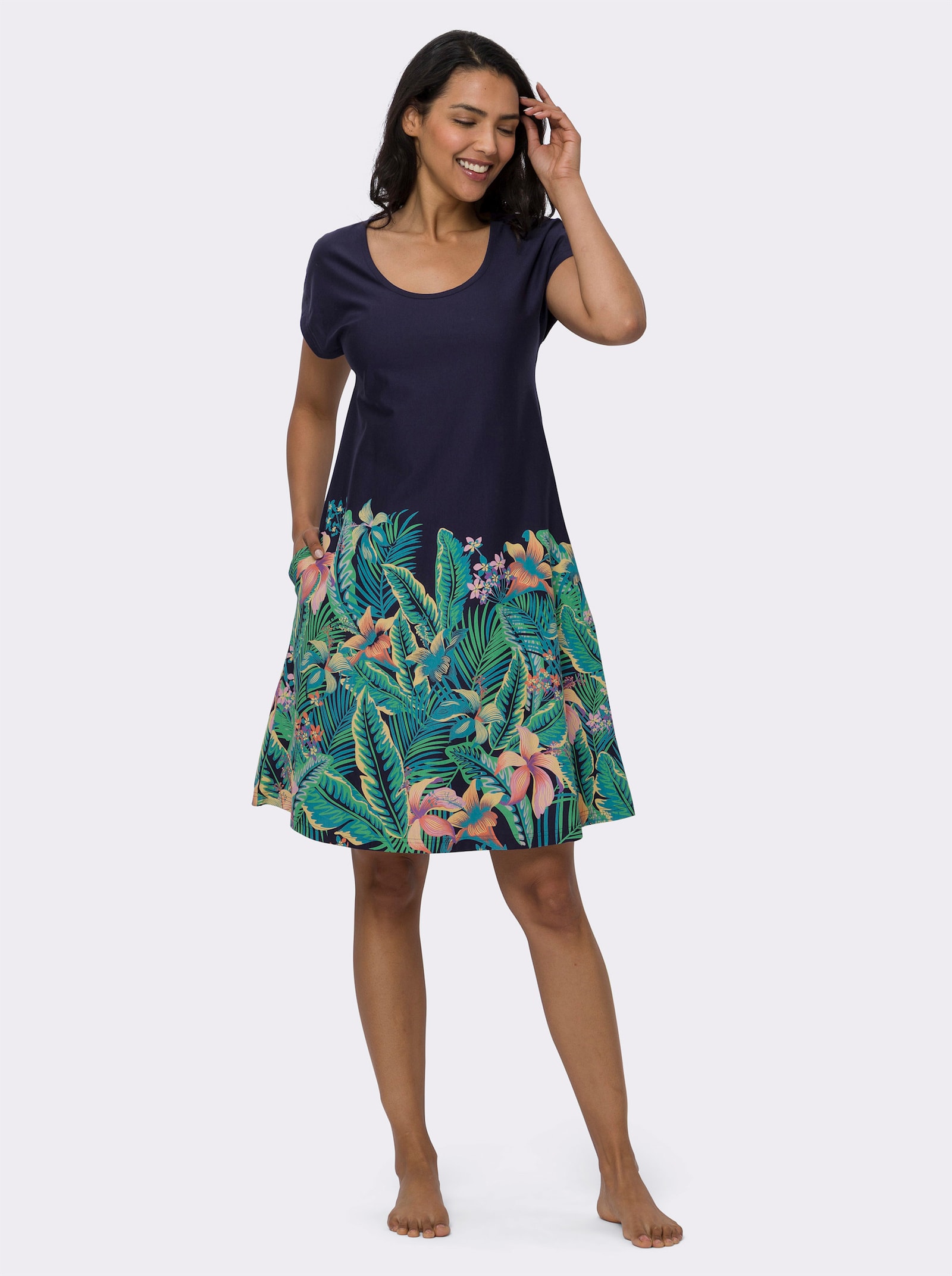Sommerkleid mit Tropical-Print im Vorderteil - marine