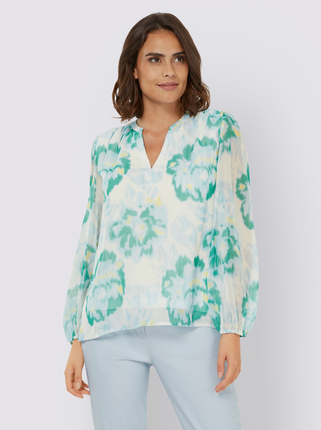 heine Druckbluse - hellblau-ecru-bedruckt