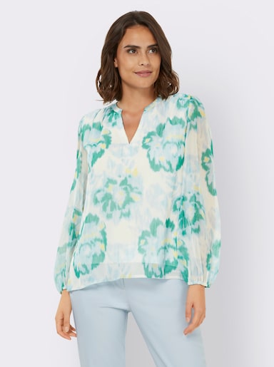 heine Druckbluse mit großen Blüten - hellblau-ecru-bedruckt