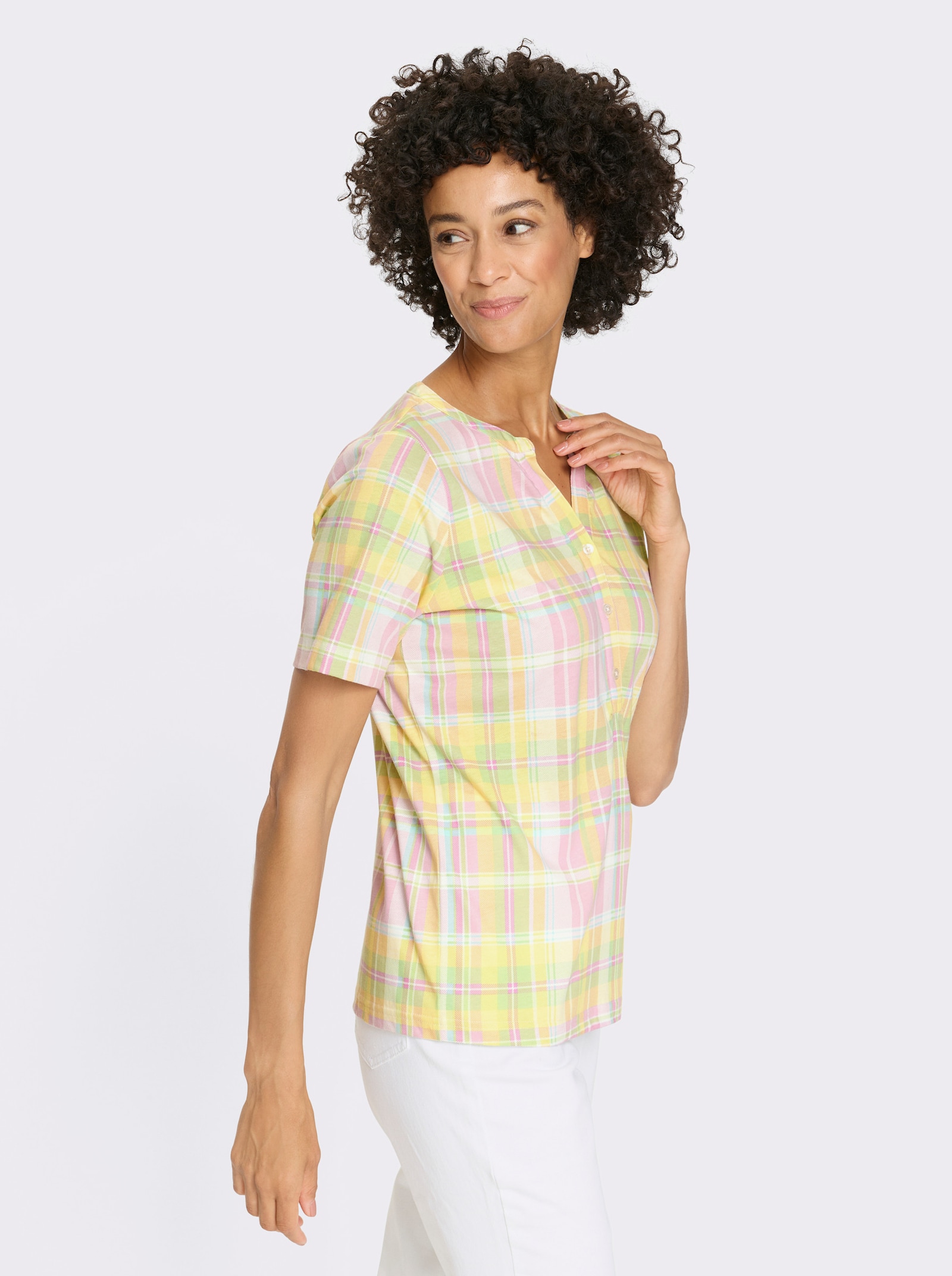 Kurzarmshirt im Karo-Print allover - zitrone-rosé-kariert