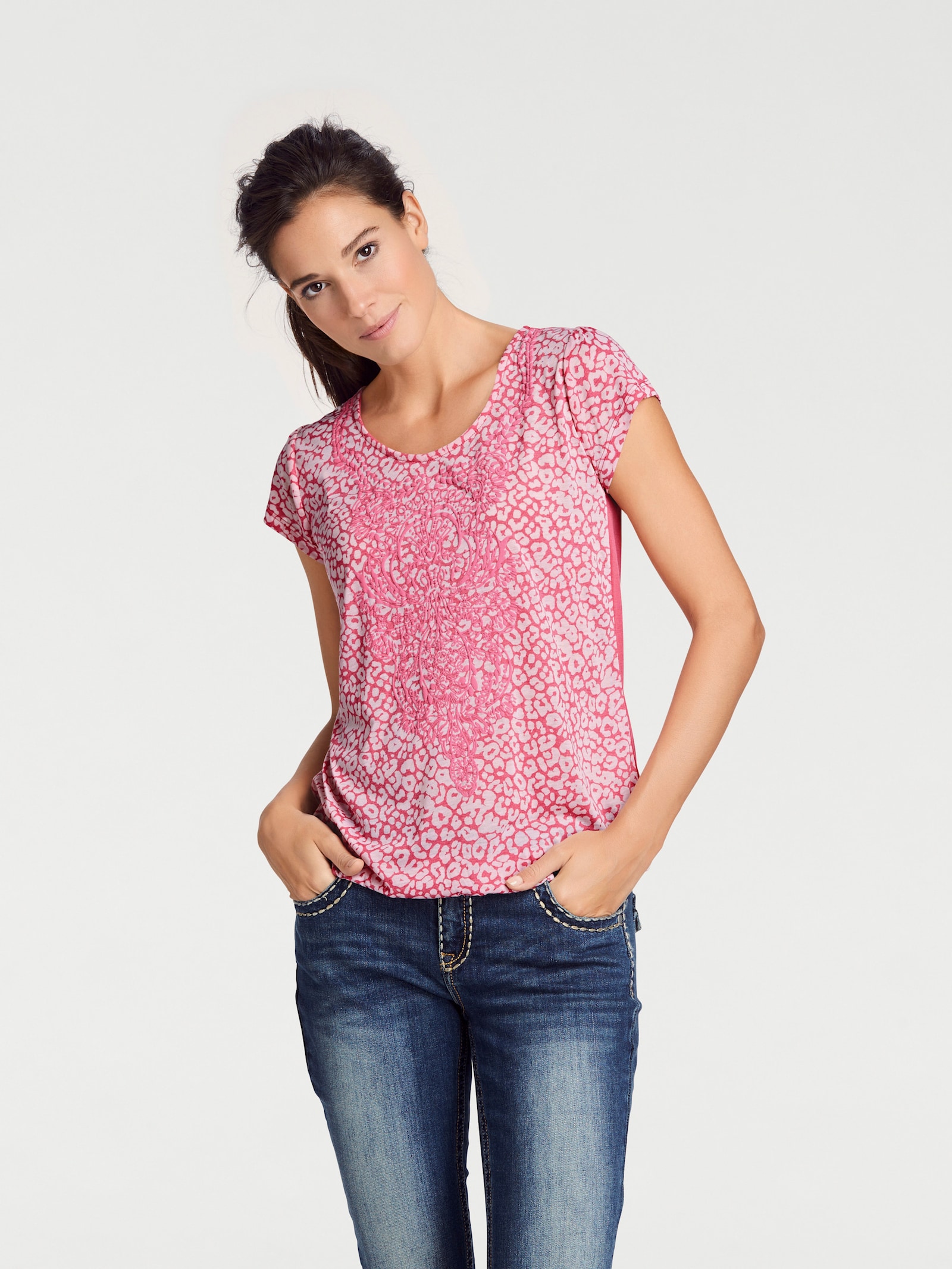 heine Kurzarmshirt mit Transparenz-Effekt - himbeere