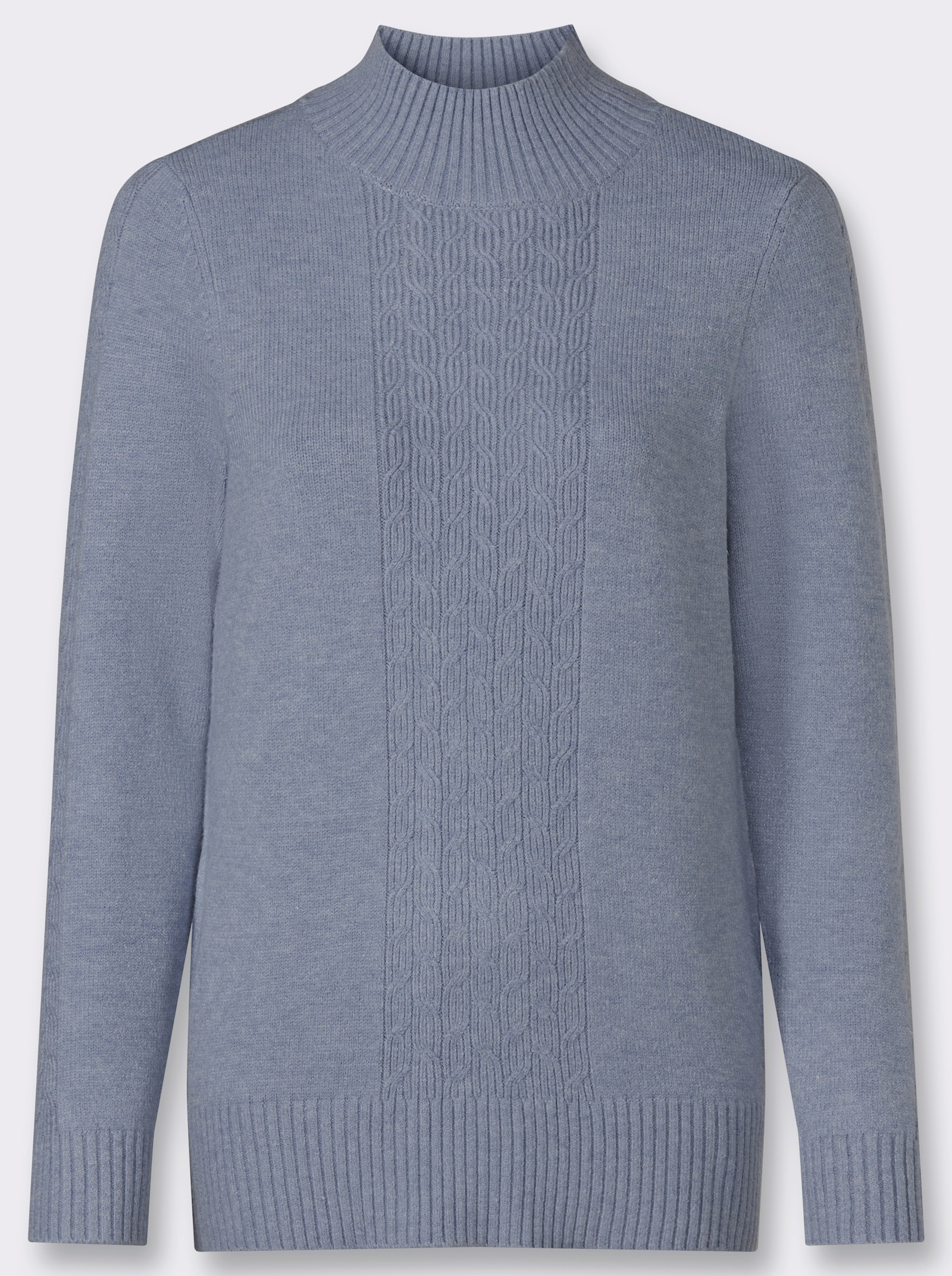  Stehkragenpullover mit Zopfmuster - rauchblau-meliert