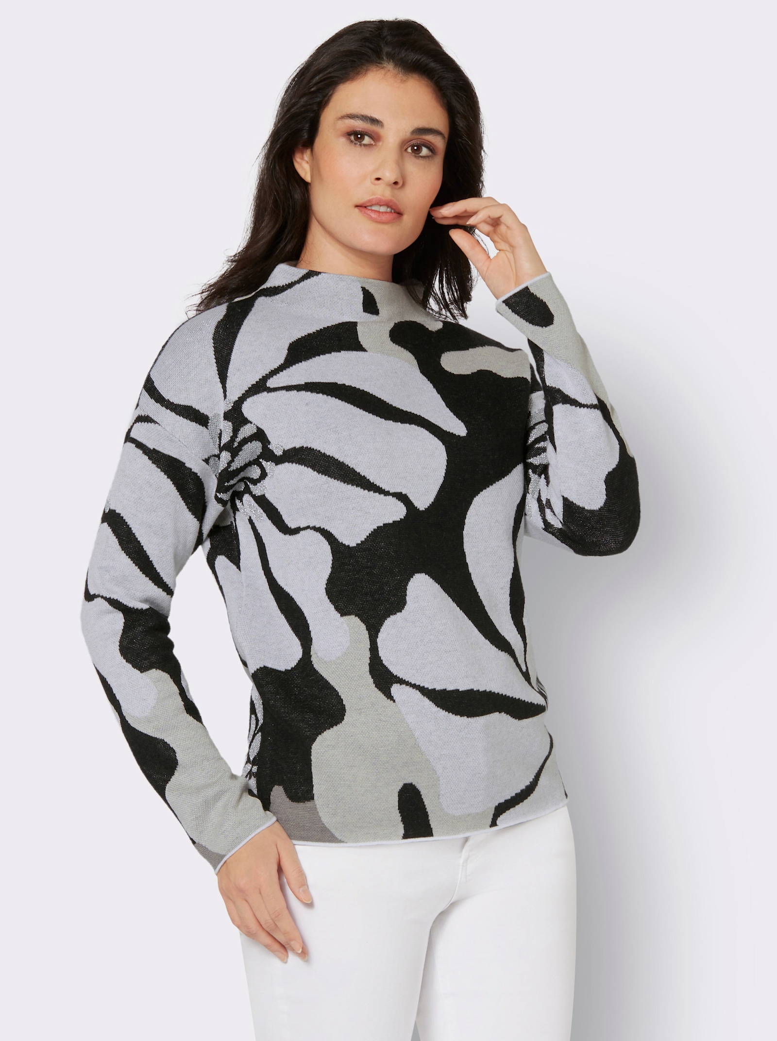 Jacquard-Pullover mit Glitzergarn, floral - schwarz-ecru-gemustert