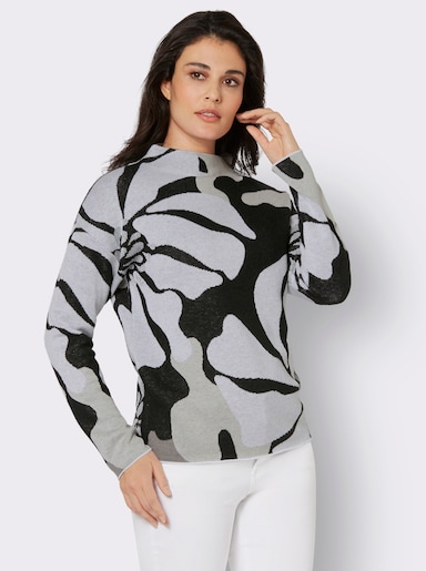 Jacquard-Pullover mit Glitzergarn, floral - schwarz-ecru-gemustert