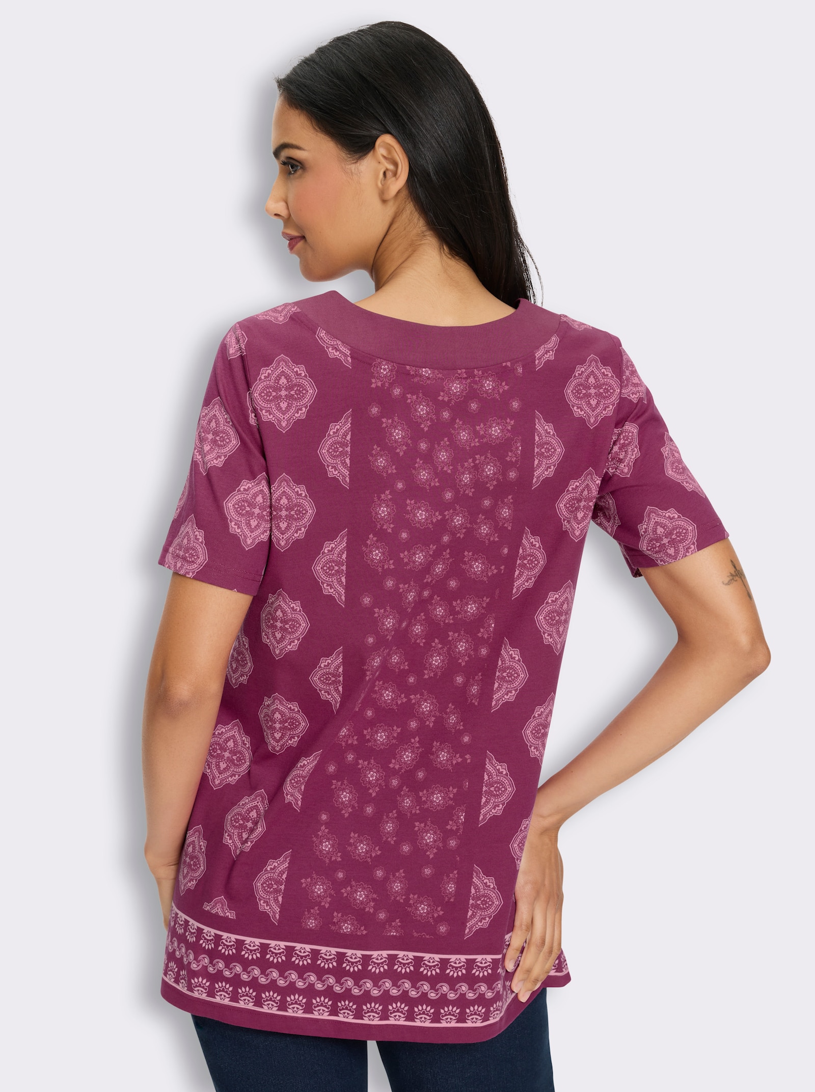 Longshirt mit gekräuseltem Rundhals-Ausschnitt - malve-hellrosé-bedruckt