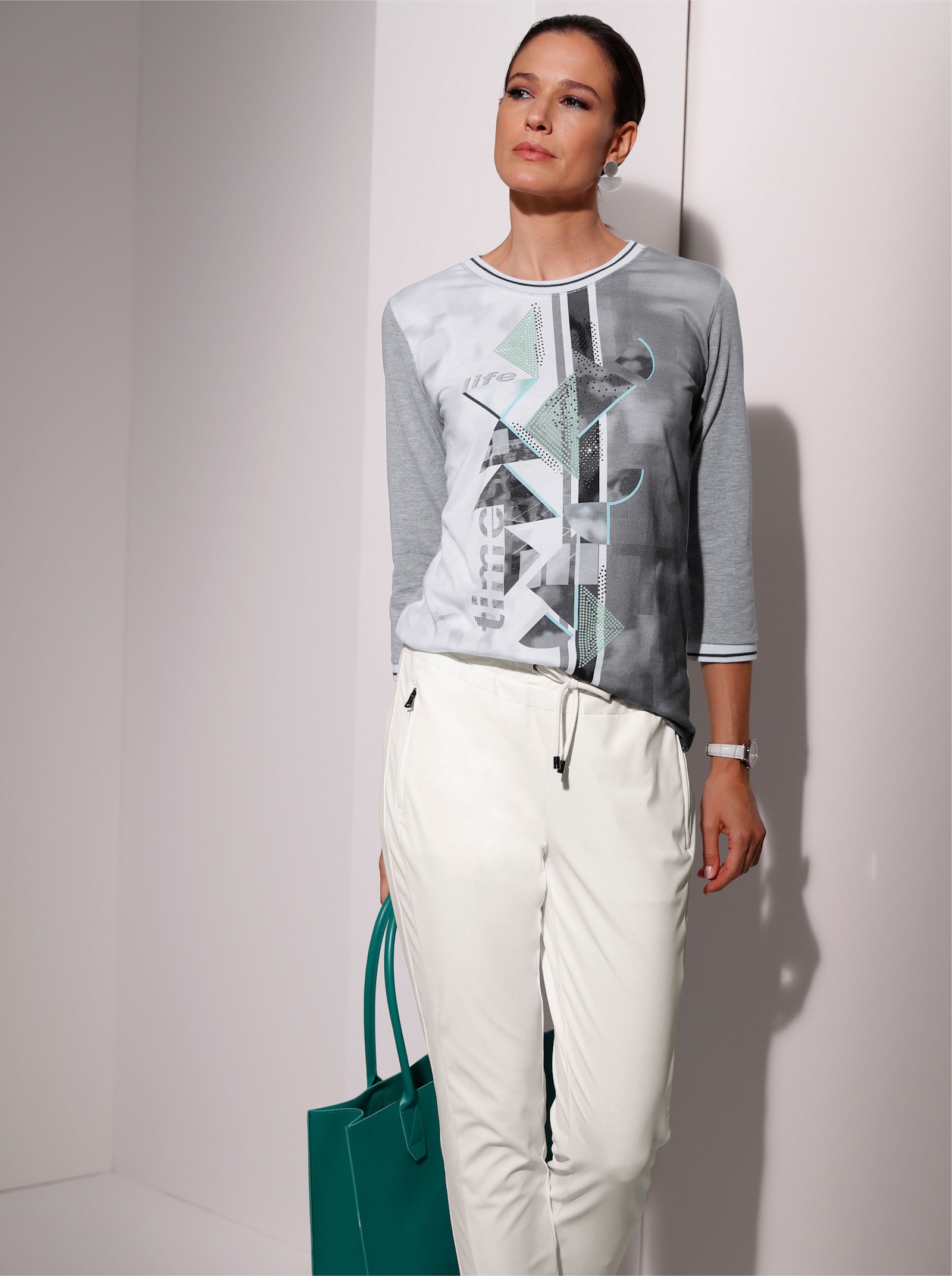 3/4-Arm-Shirt mit Web-Qualität an Ärmeln und Rücken - steingrau-weiß-bedruckt