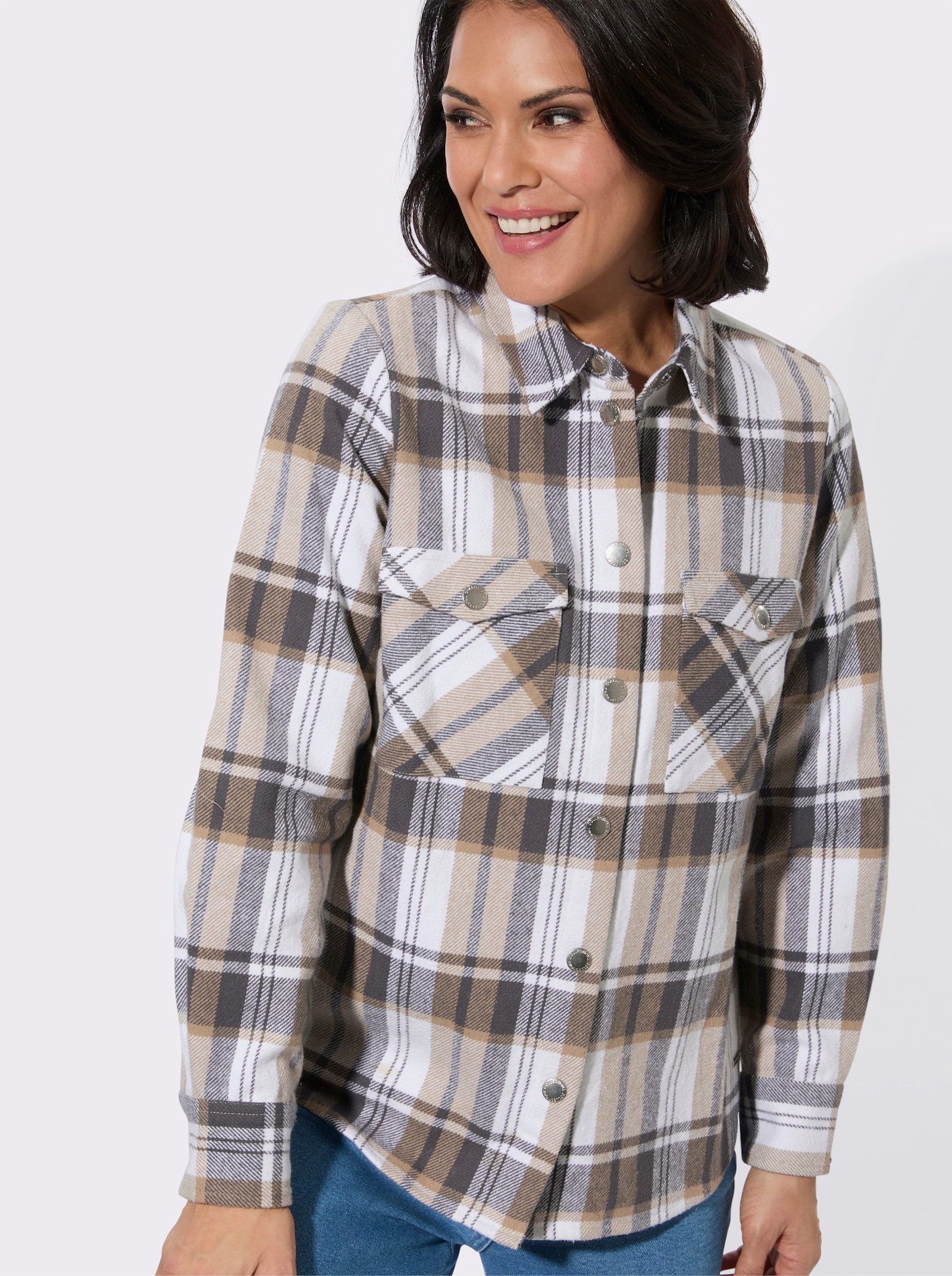 Flanellbluse im Karomuster - beige-anthrazit-kariert