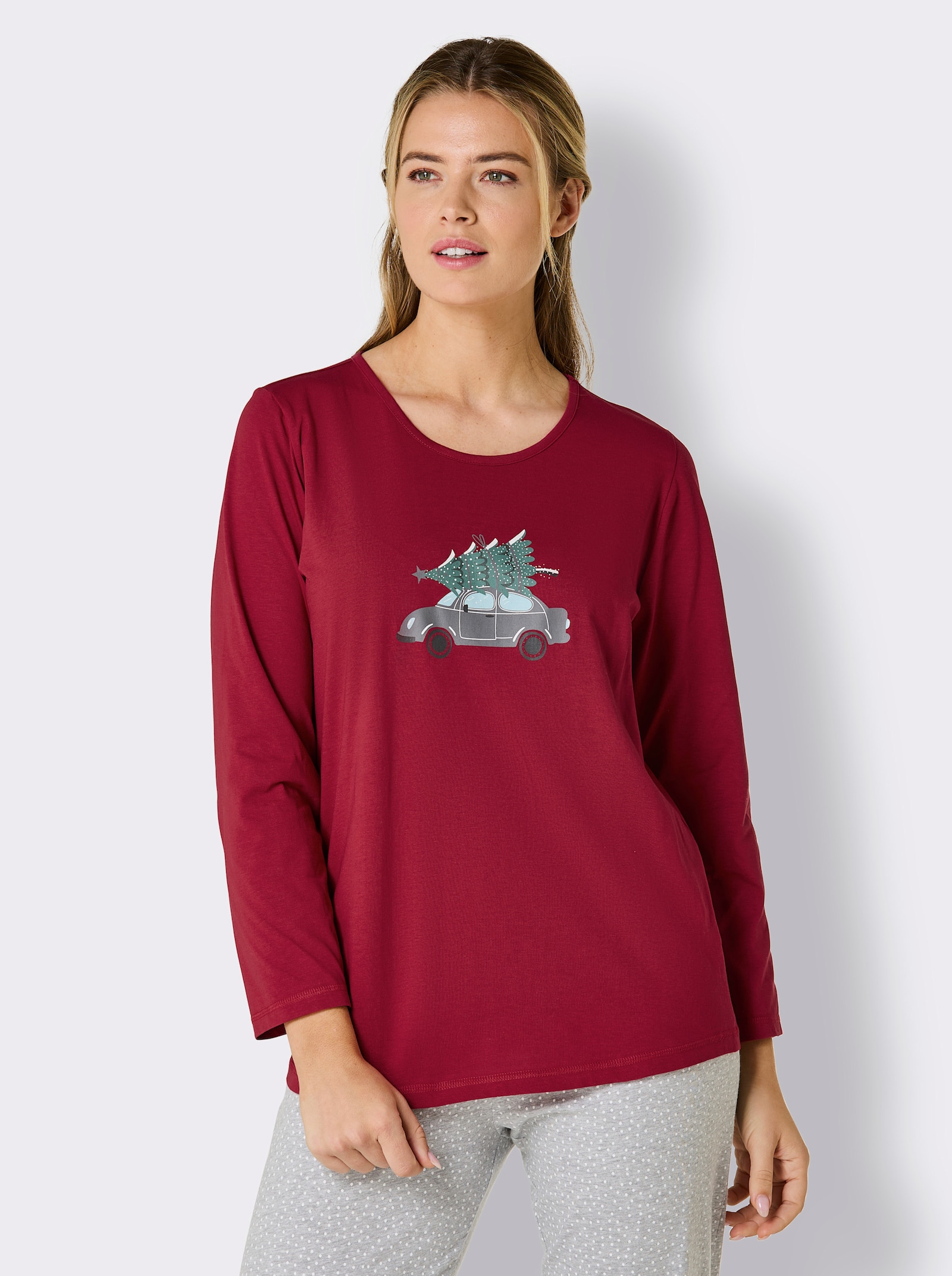 Comtessa Schlafanzugshirt mit Weihnachts-Motiv - rot-anthrazit