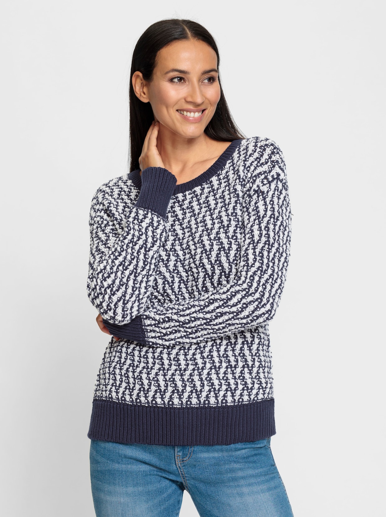 heine Langarm-Pullover - marine-ecru-gemustert