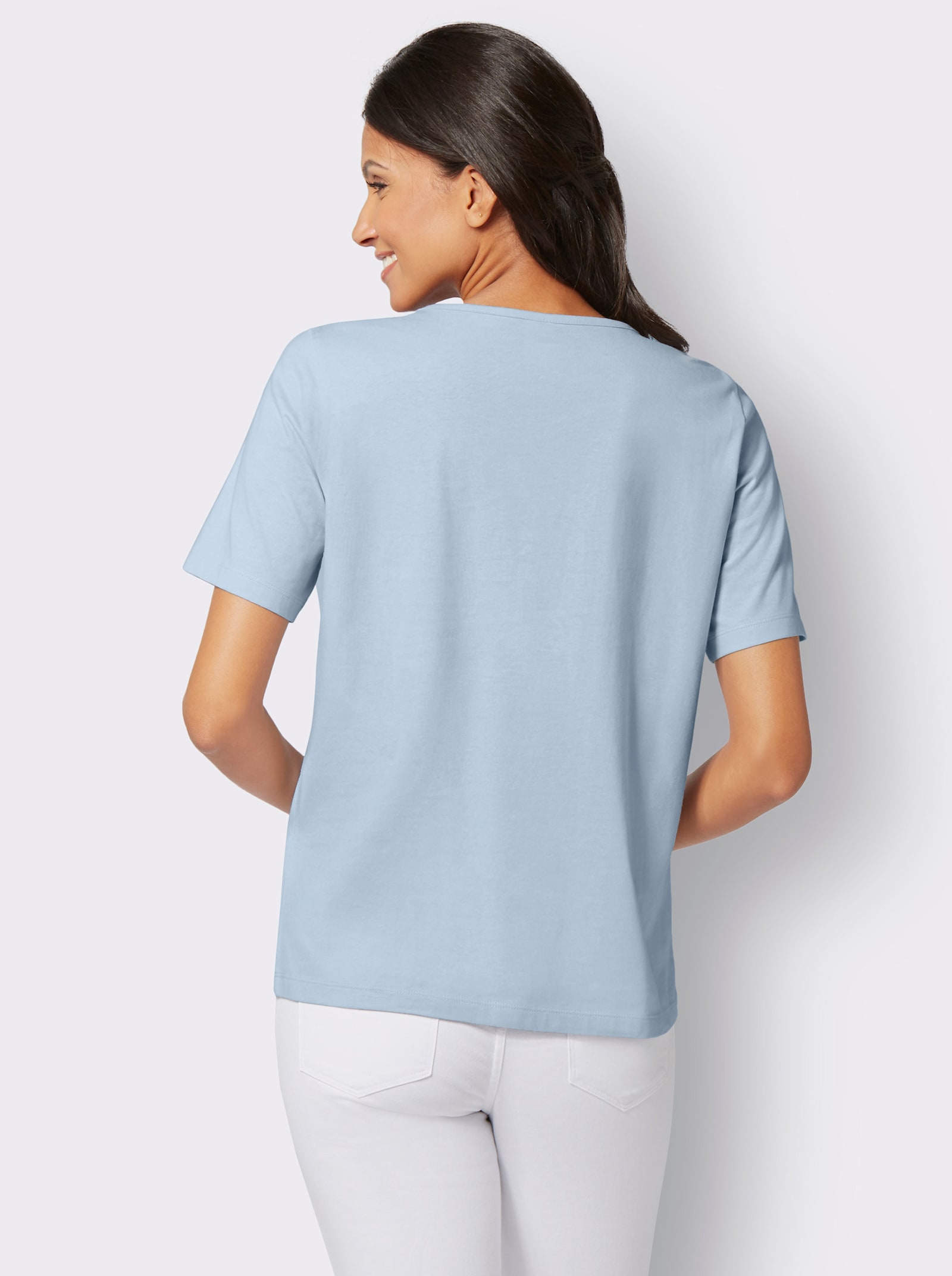 Kurzarmshirt mit platziertem Blüten-Druck - hellblau-rosenquarz