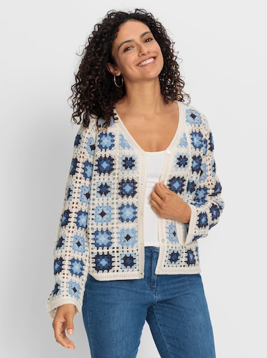 Strickjacke in Häkel-Optik - ecru-jeansblau