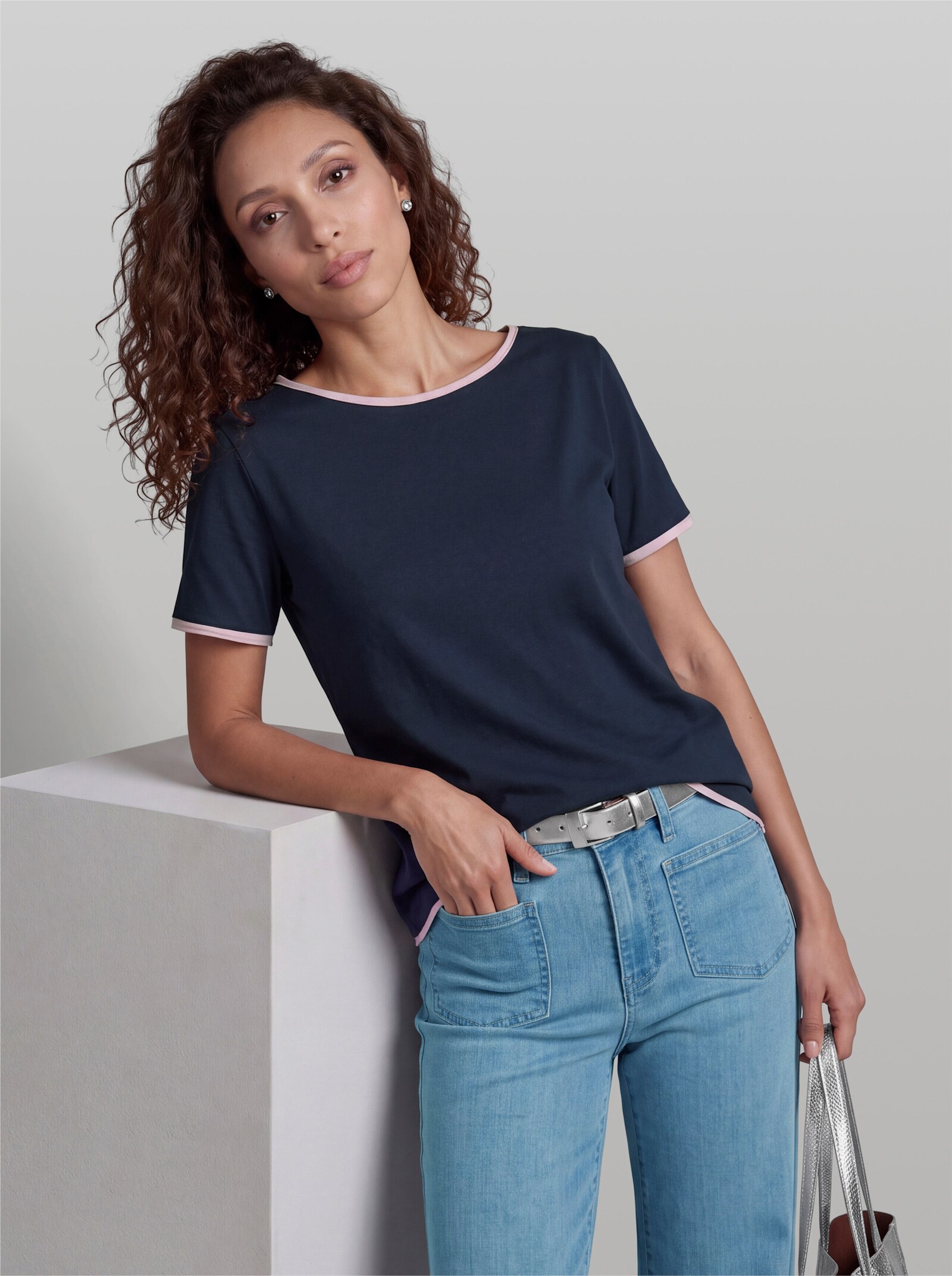 heine Kurzarmshirt mit Rollkanten - marine-rosé