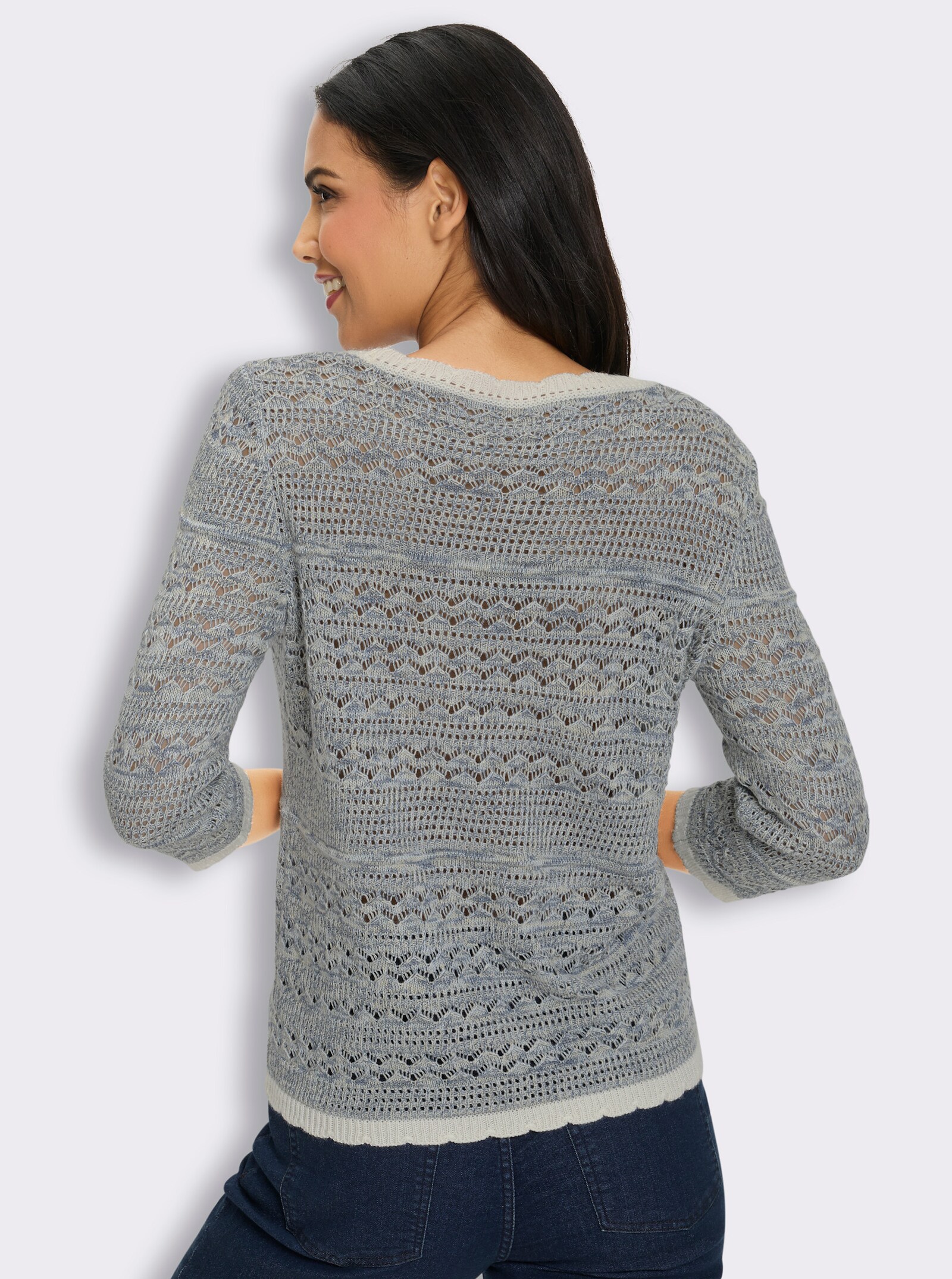 3/4-Arm-Pullover mit gewellten Abschlüssen - ecru-rauchblau-gemustert