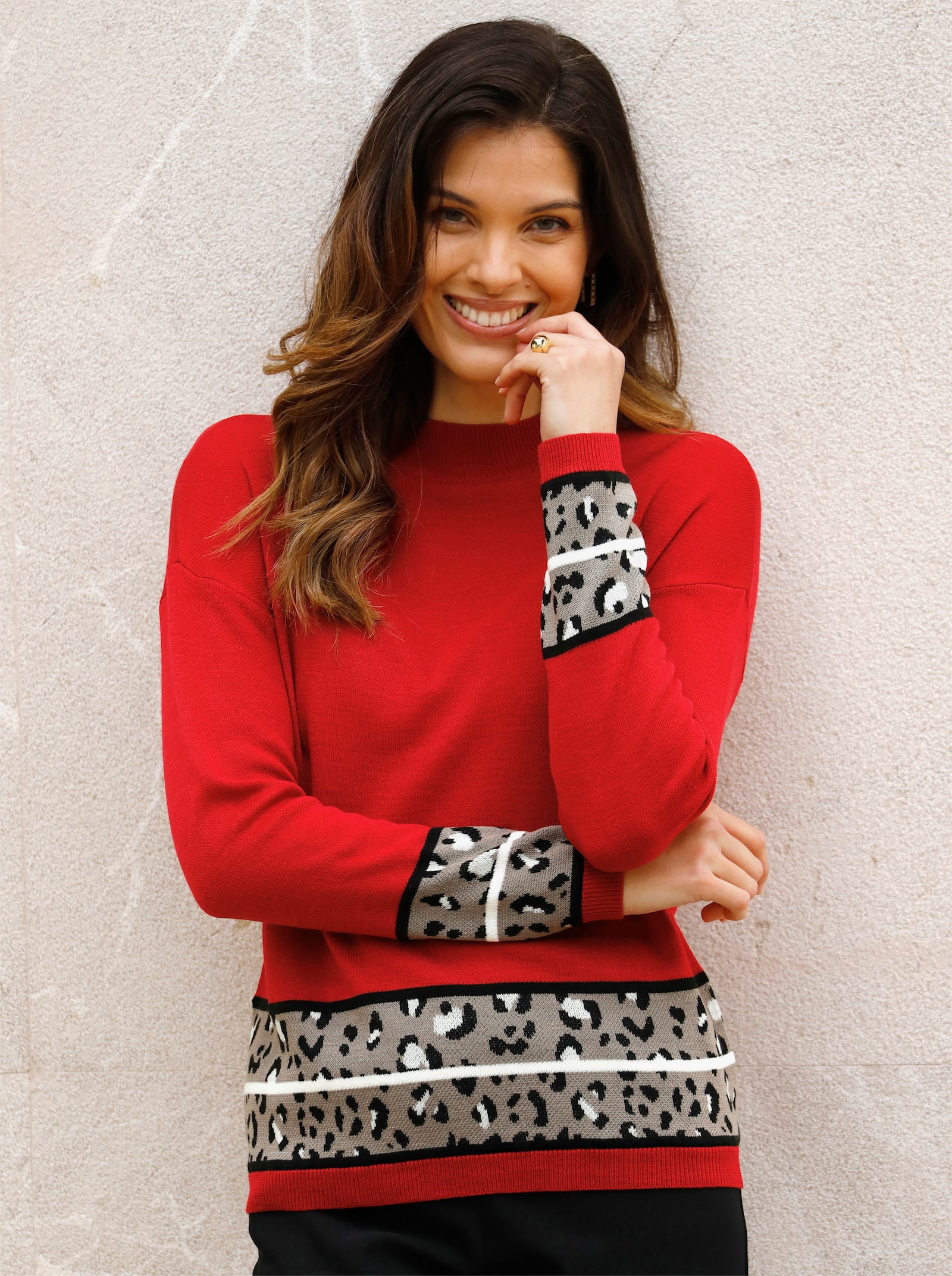 Langarm-Pullover mit Jacquard-Bordüren - rot