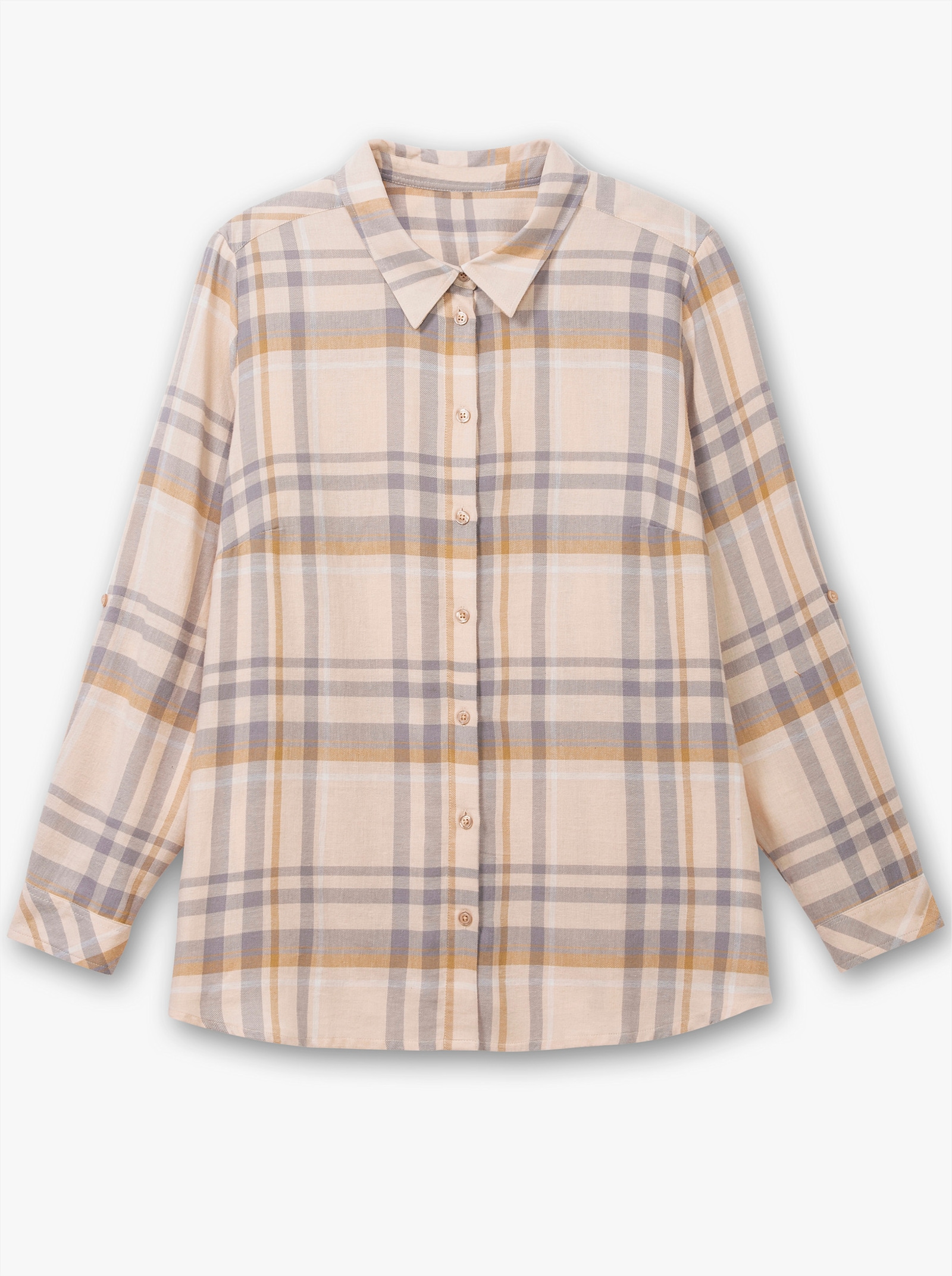 Flanellbluse mit krempelbaren Ärmeln - camel-steingrau-kariert