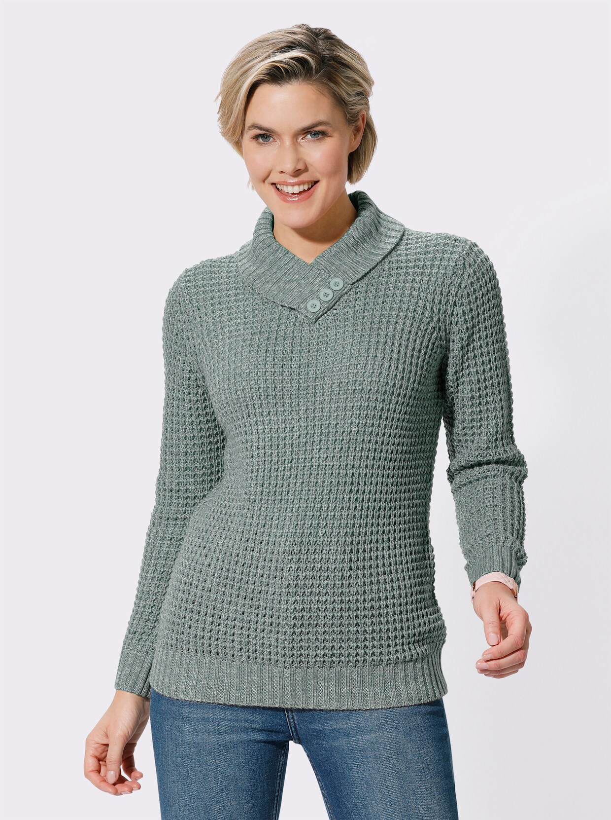 Pullover met sjaalkraag - jade/steengrijs gemêleerd
