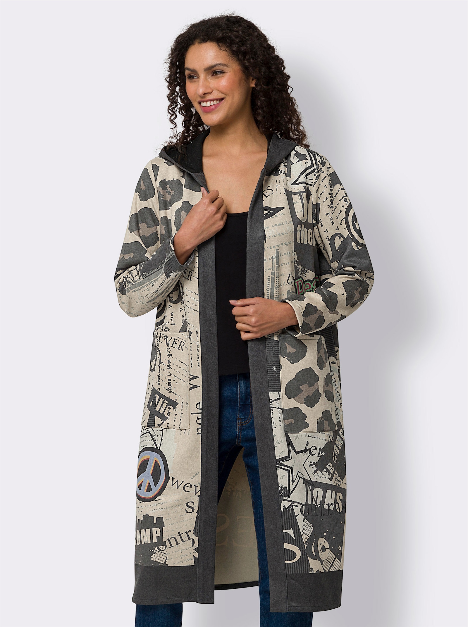 heine Shirtjacke mit Kapuze - sand-schwarz-bedruckt