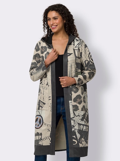 heine Shirtjacke mit Kapuze - sand-schwarz-bedruckt