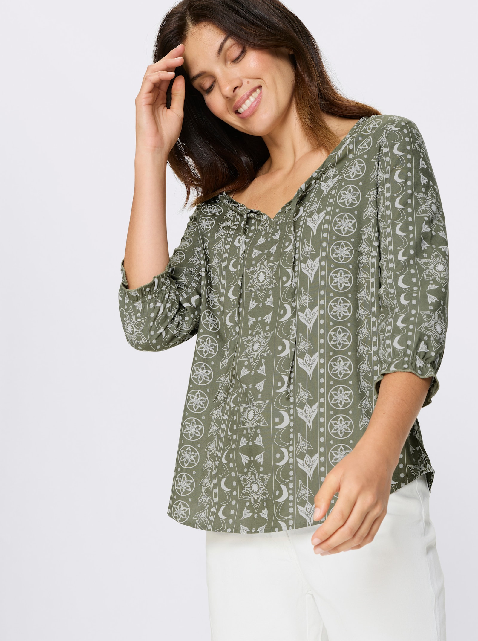 Schlupfbluse im Ethno-Dessin - khaki-ecru-bedruckt