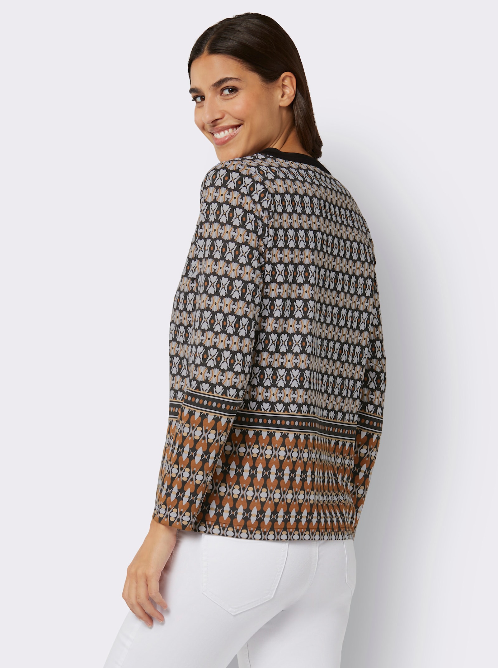 Tričko s dlouhým rukávem s grafickým vzorem - černá-koňaková-potisk