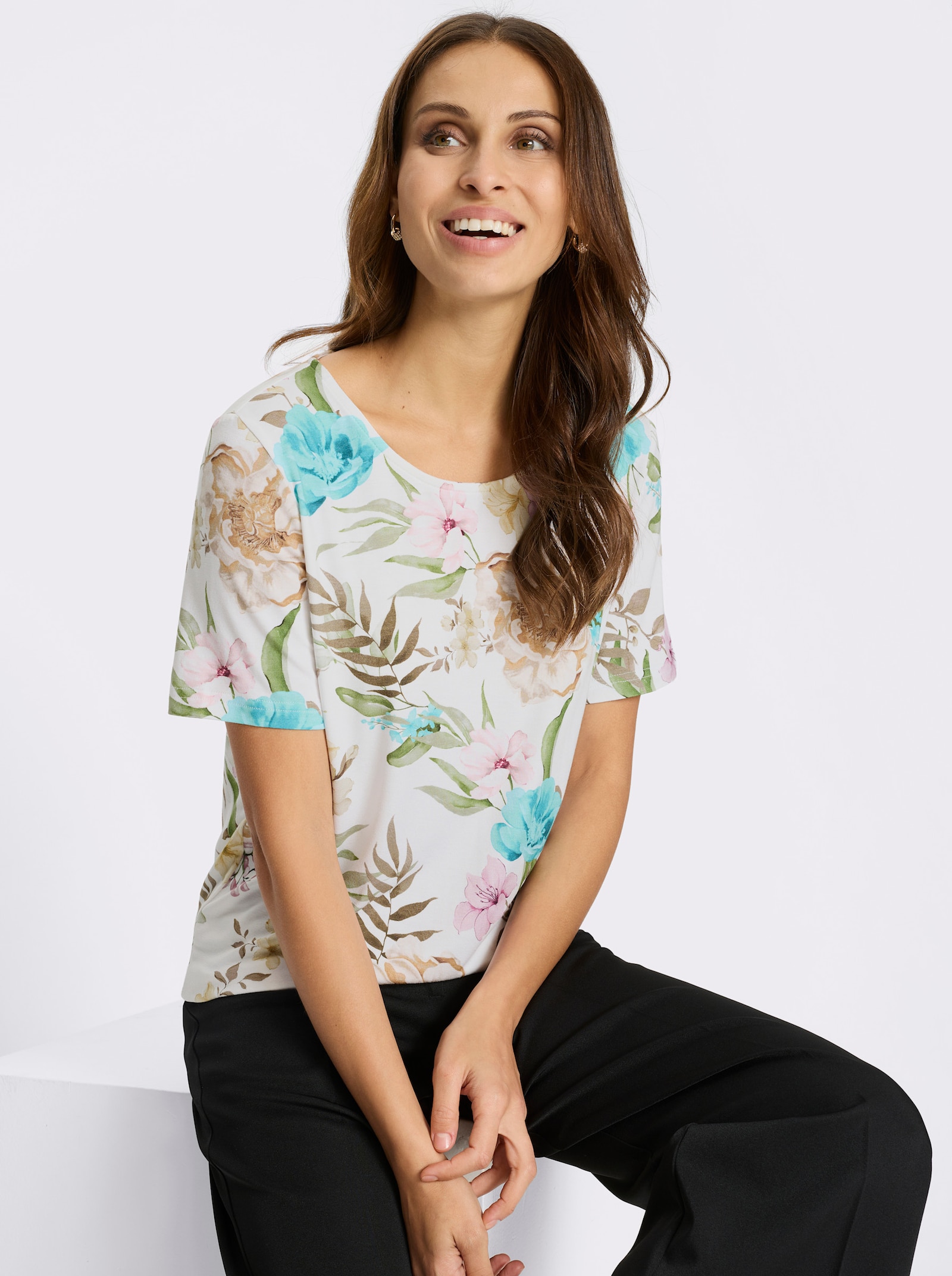 Kurzarmshirt - ecru-rosé-bedruckt