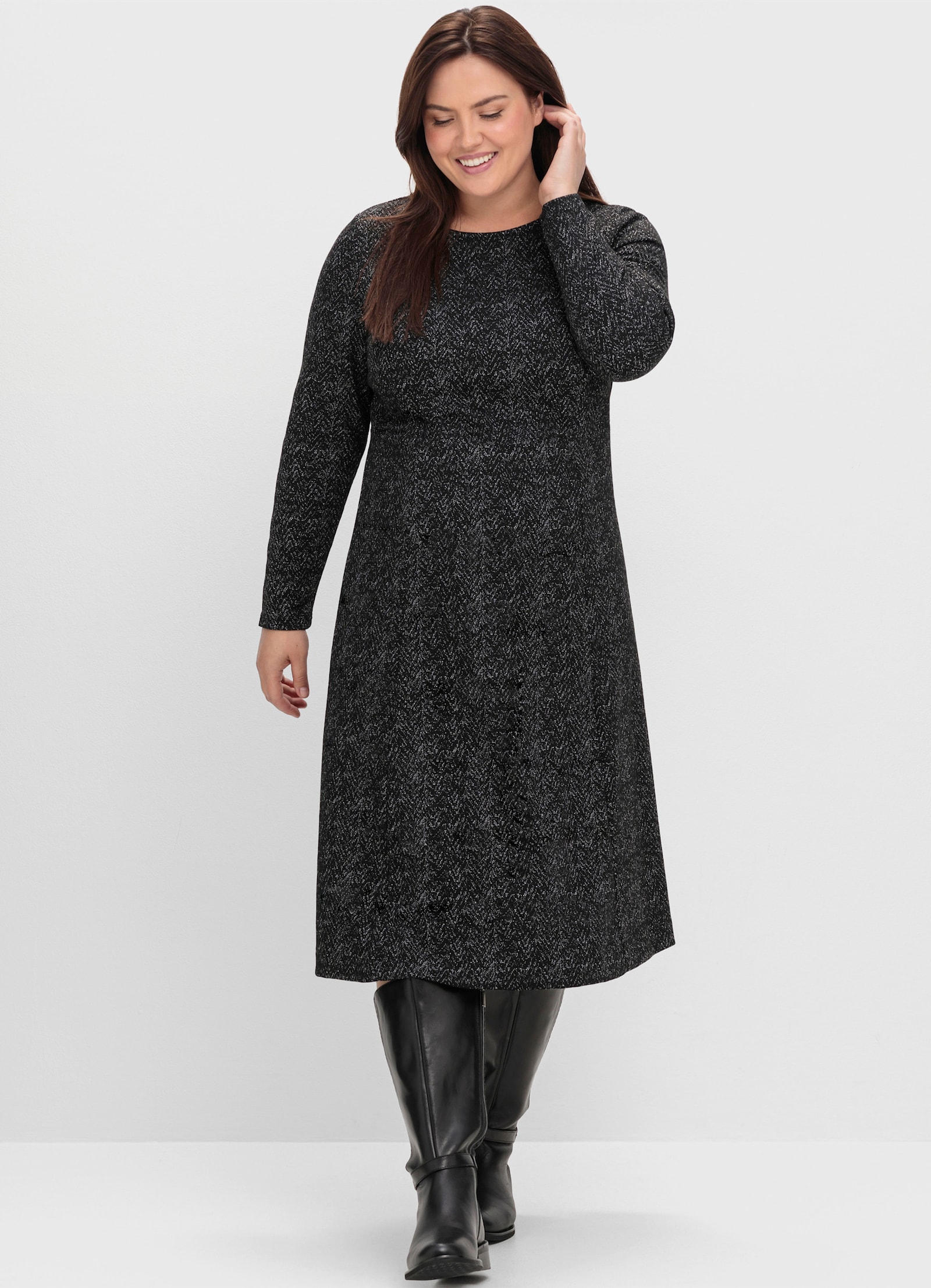 sheego Shirtkleid mit Jacquardmuster bedruckt - schwarz-gemustert