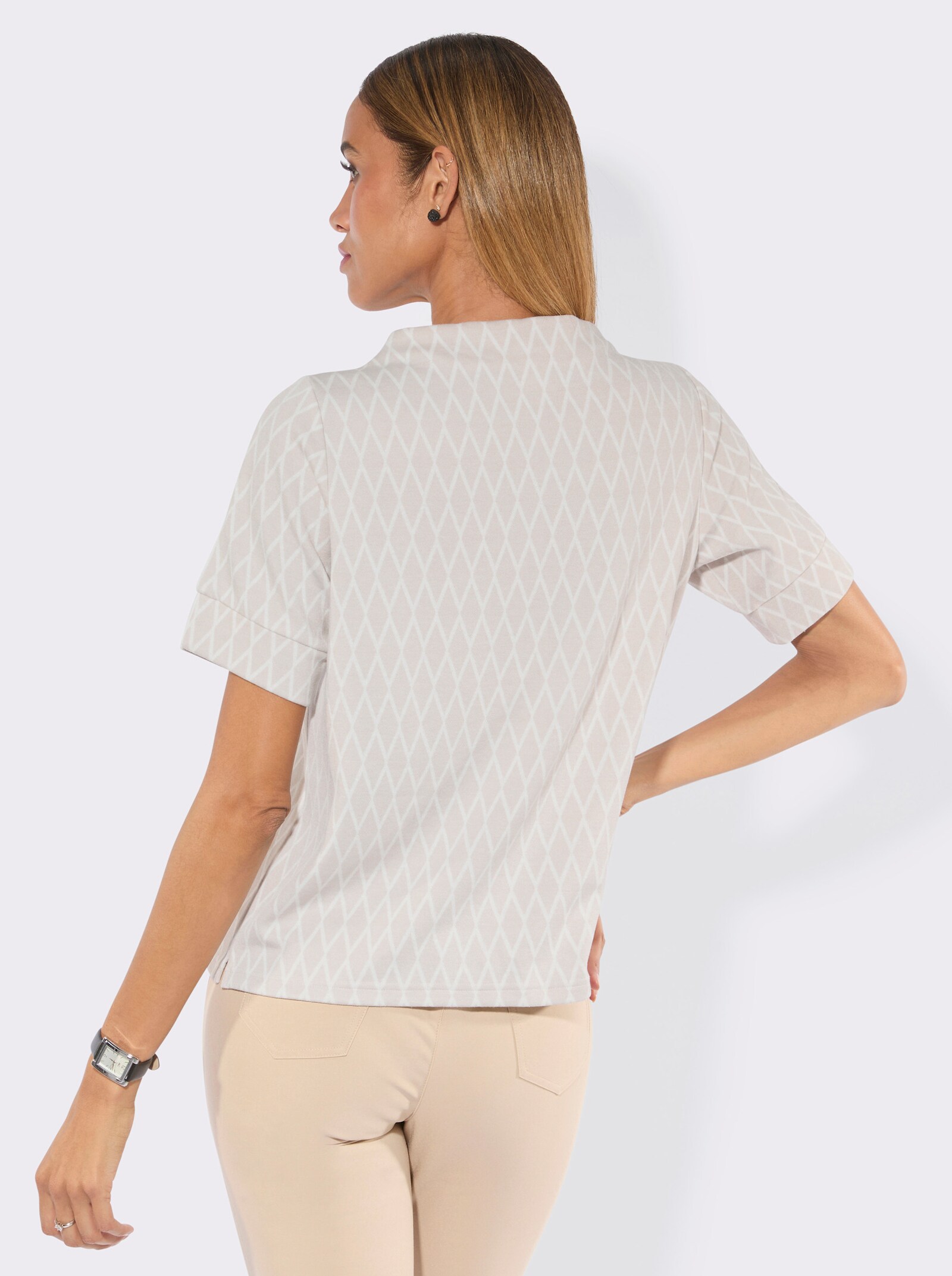 Kurzarmshirt in Interlock-Qualität - hellgrau-ecru-gemustert