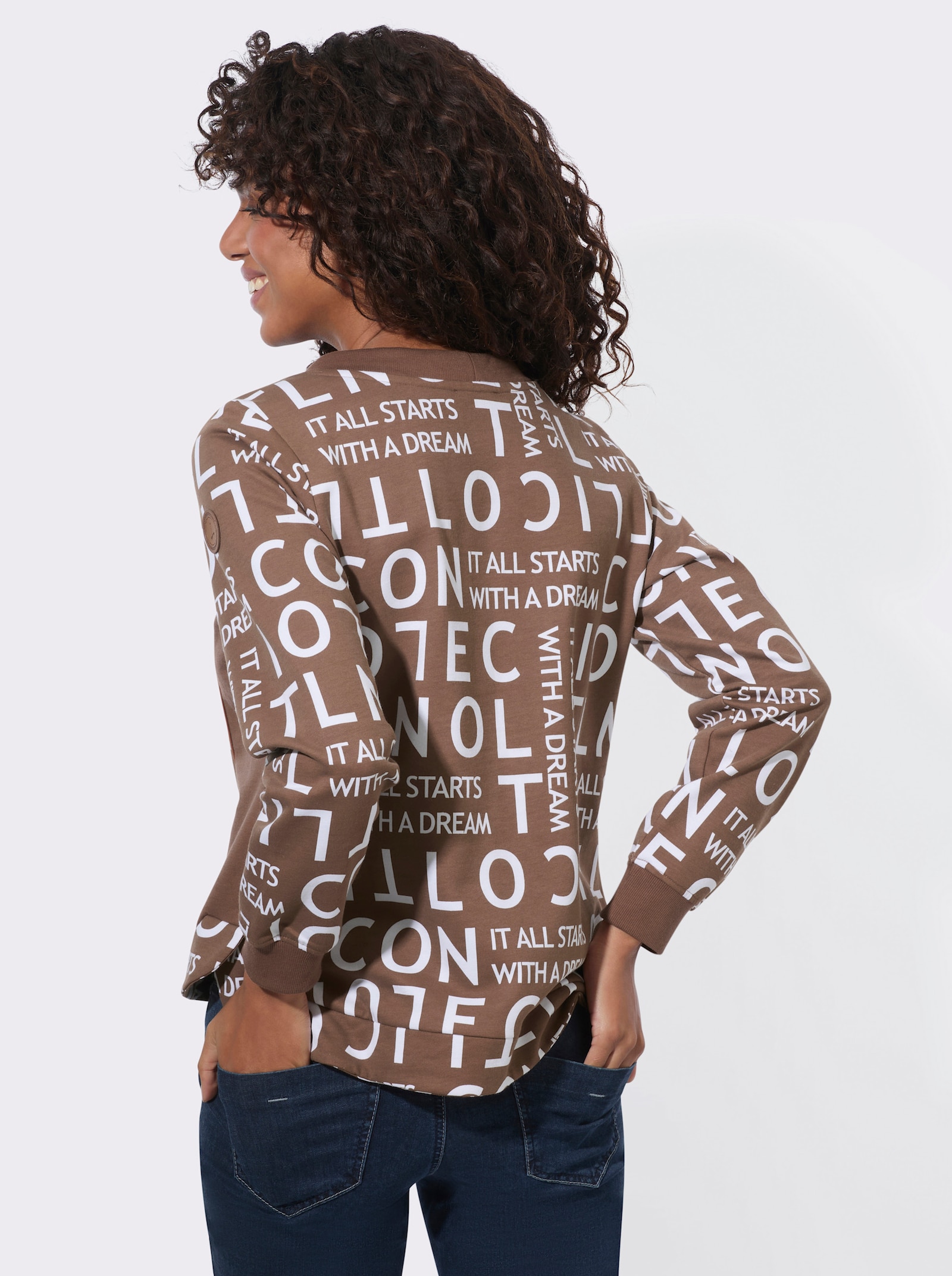 Sweatshirt mit angerautem Innenteil - braun-weiß-bedruckt